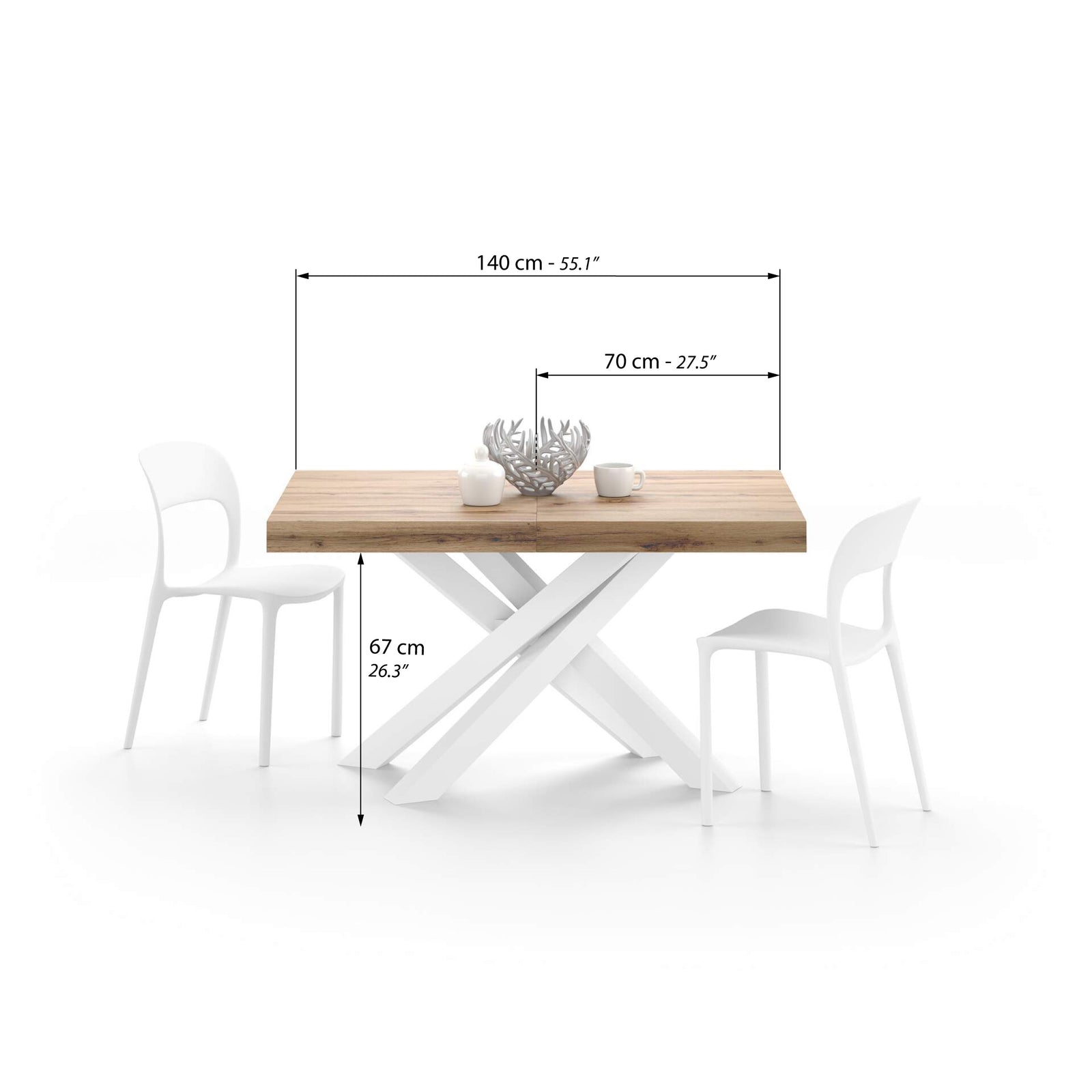 Emma 140(220)x90 cm Extendable Table, Rustic Oak with White Crossed Legs - Immagine tecnica 1
