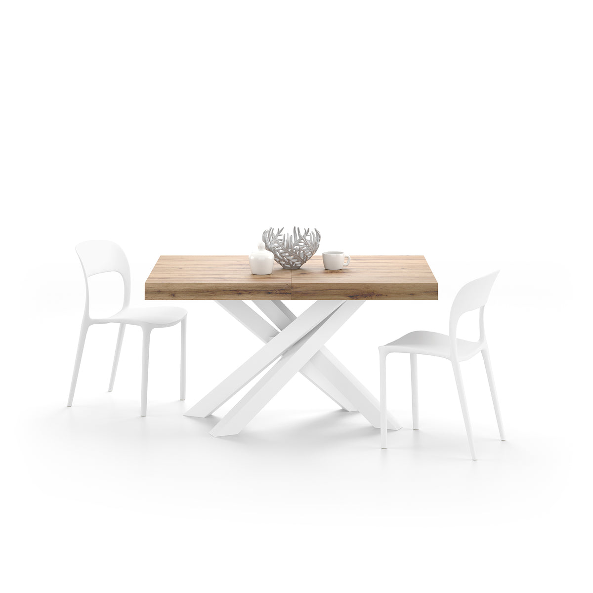 Emma 140(220)x90 cm Extendable Table, Rustic Oak with White Crossed Legs