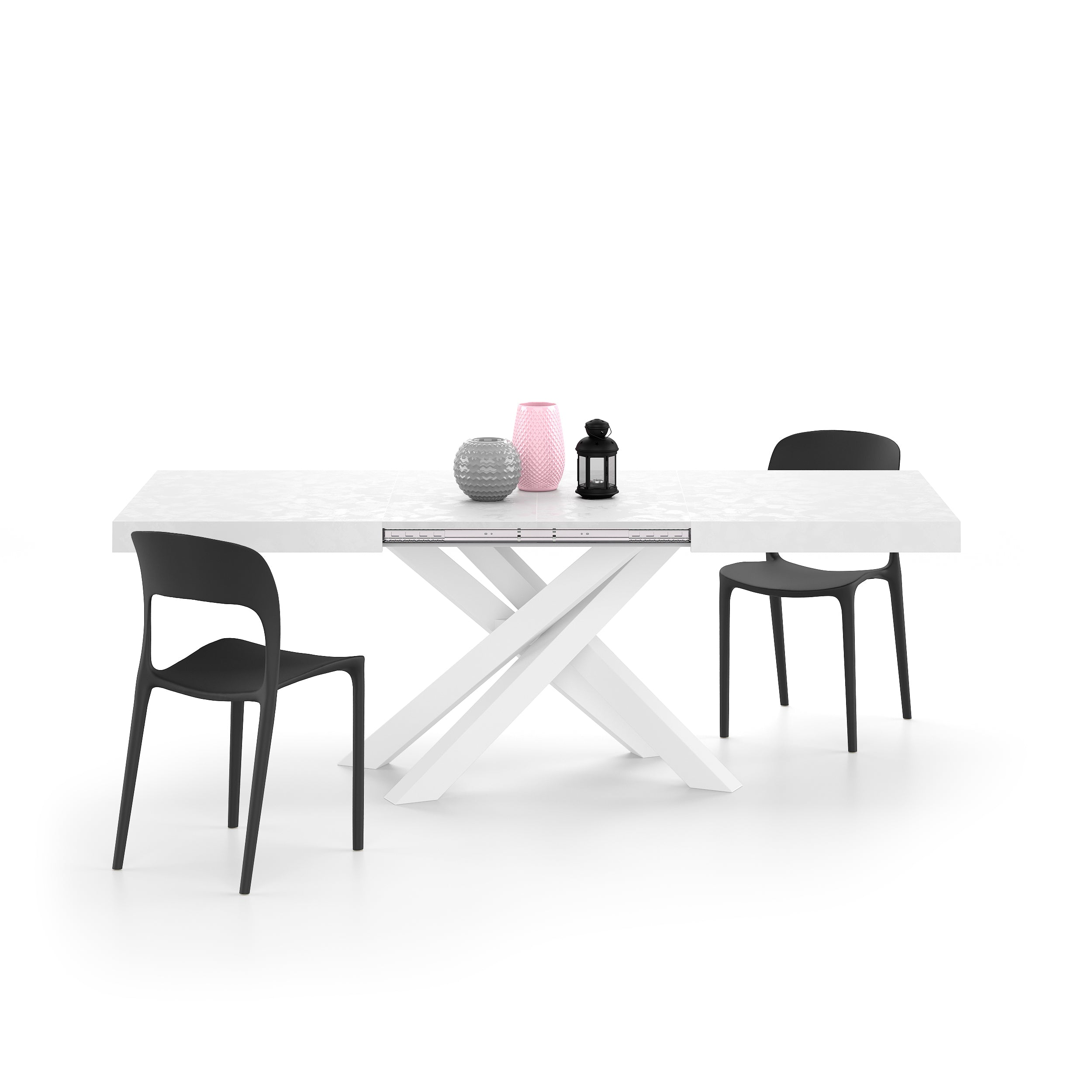 Emma 140(220)x90 cm uitschuifbare tafel, cementwit met witte kruispoten