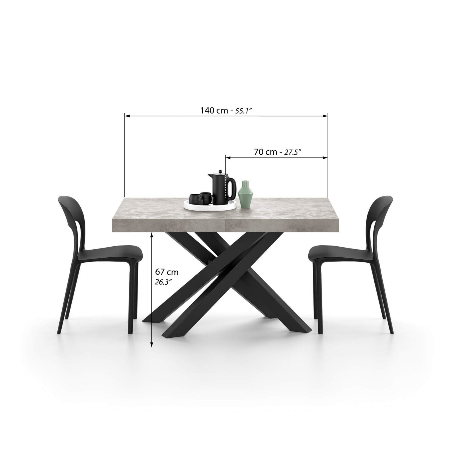 Table Extensible Emma 140(220)x90 cm, Gris Béton avec Pieds Croisés Noirs - Immagine tecnica 1
