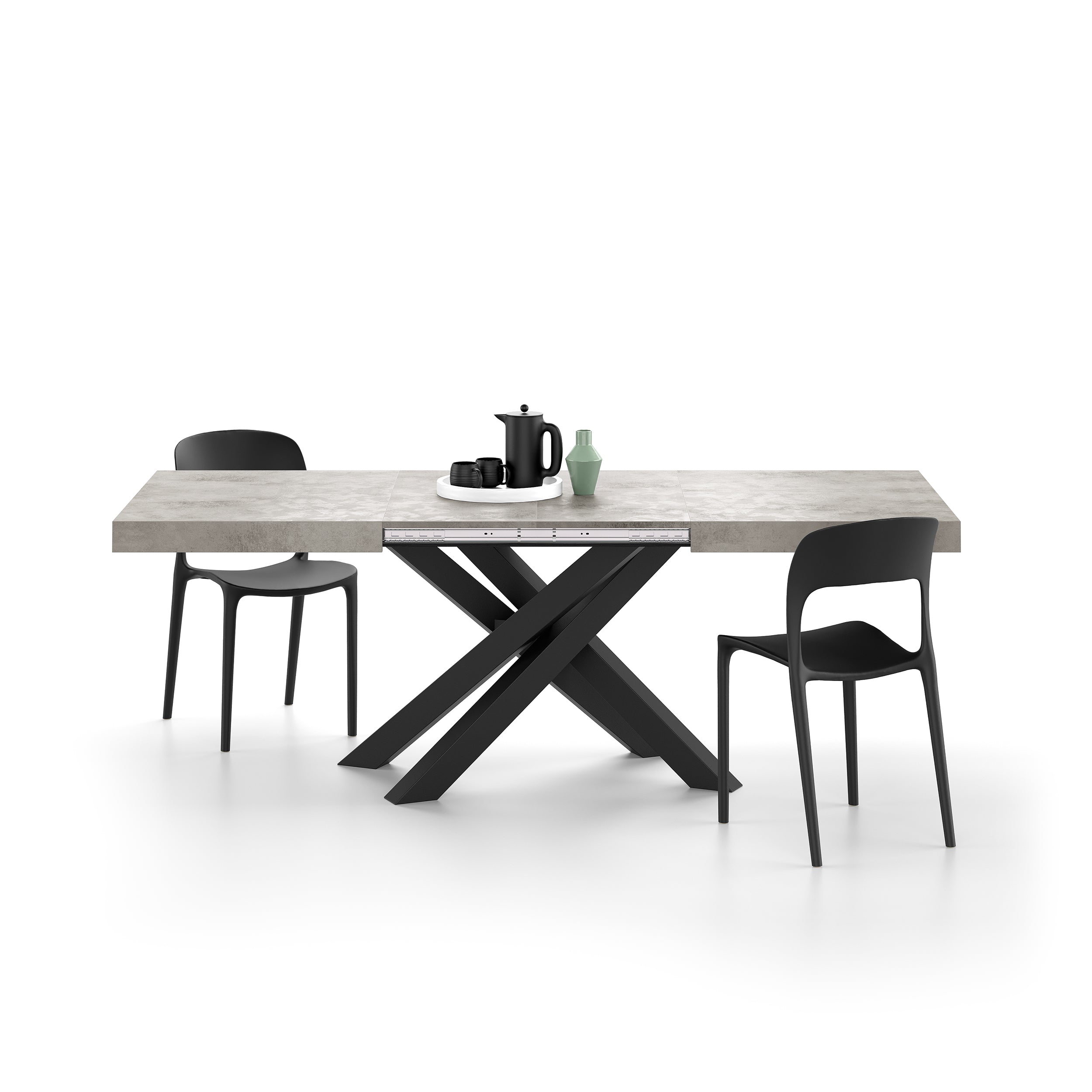 Tavolo Allungabile Emma 140(220)x90 cm, Grigio Cemento con Gambe Incrociate Nere