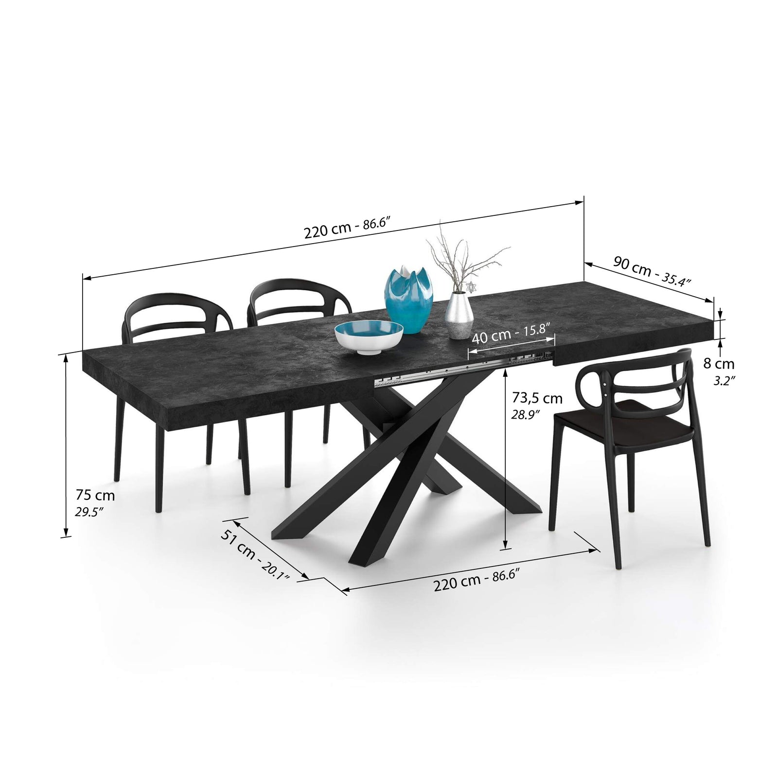 Emma 140(220)x90 cm Extendable Dining Table, Concrete Effect, Black with Black Crossed Legs - Immagine tecnica 2