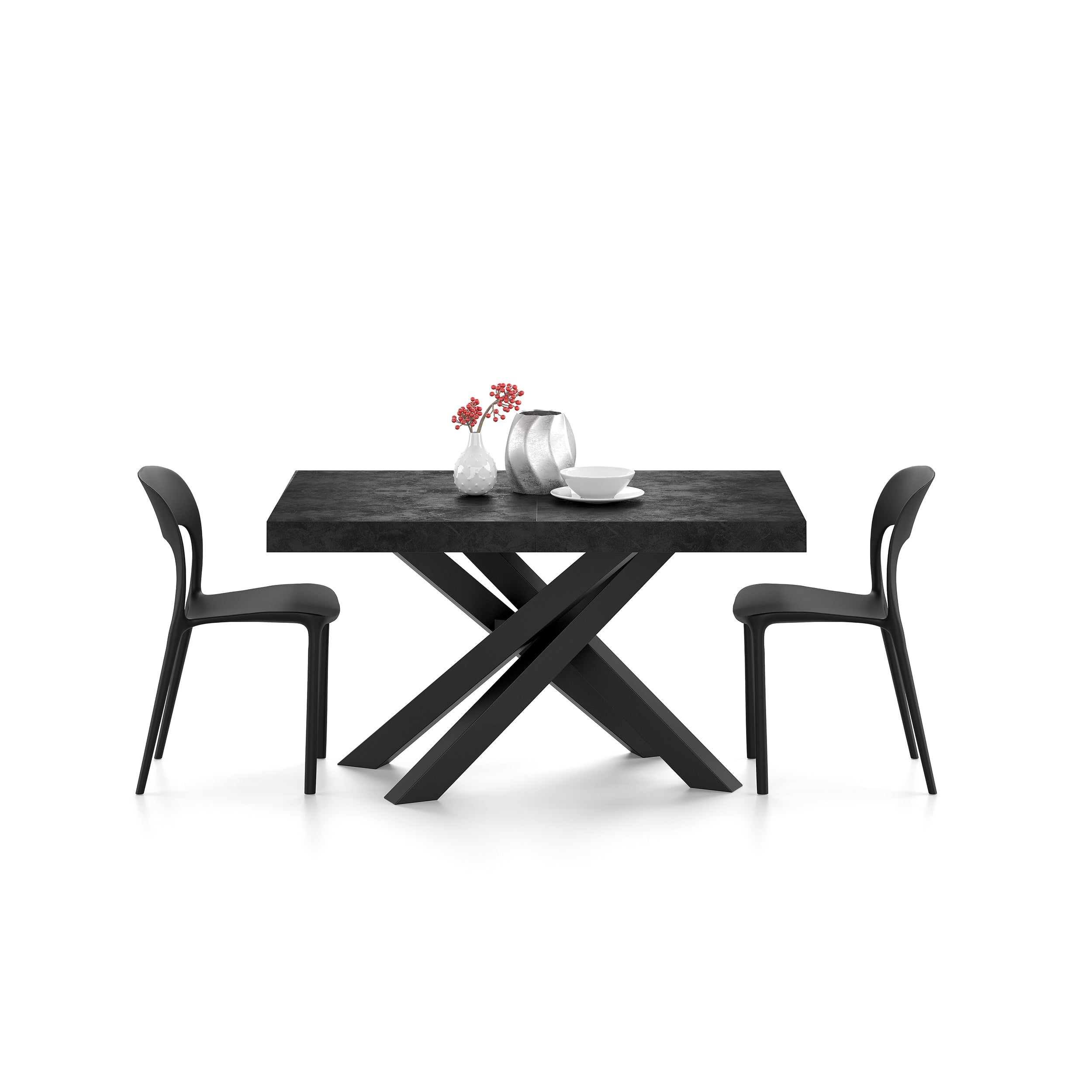Emma 140(220)x90 cm uitschuifbare tafel, cementzwart met zwarte kruispoten