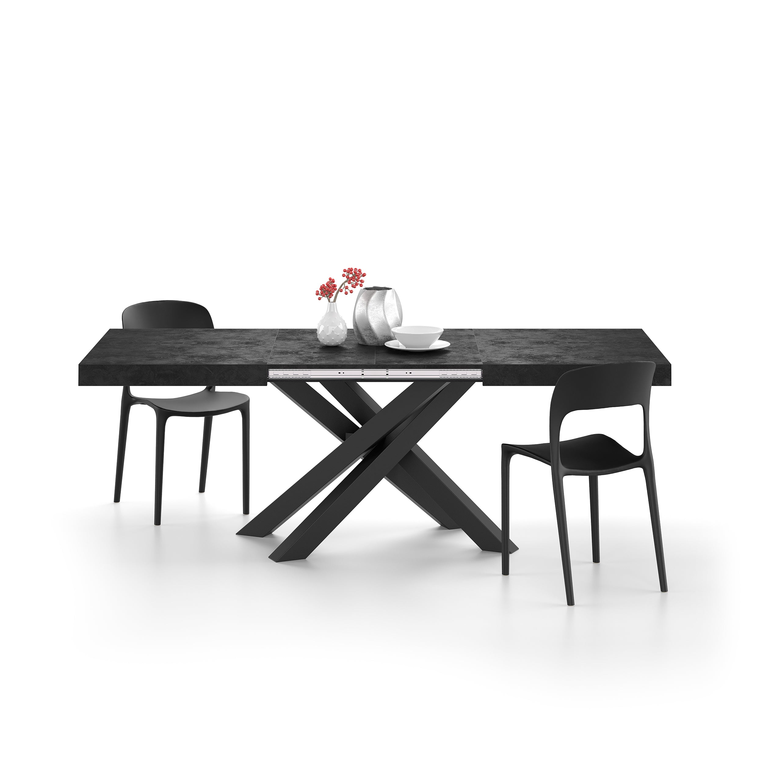 Ausziehbarer Esstisch Emma 140(220)x90 cm, Schwarzer Beton mit Schwarzen gekreuzten Beinen
