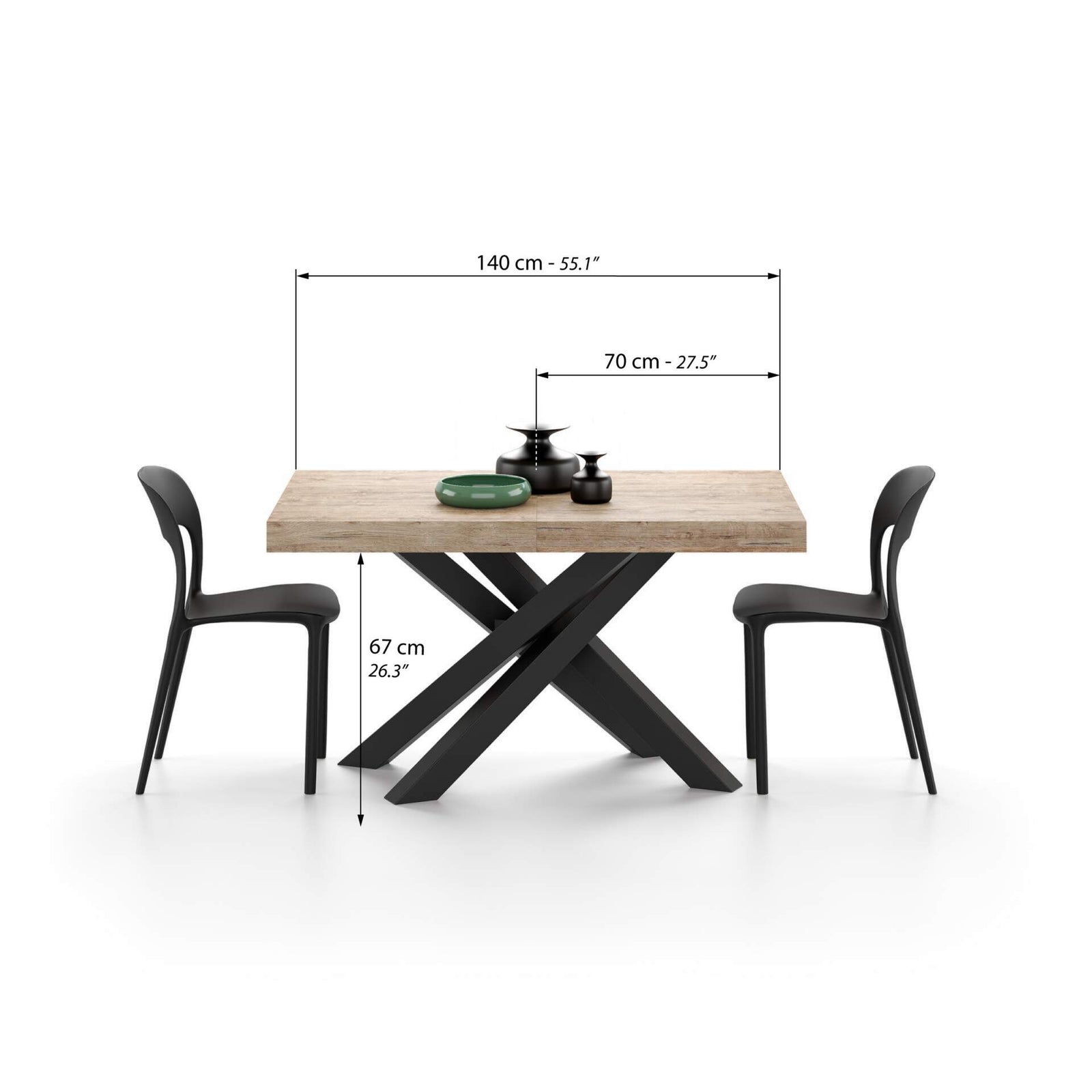 Table Extensible Emma 140(220)x90 cm, Chêne naturel avec Pieds Croisés Noirs - Immagine tecnica 1