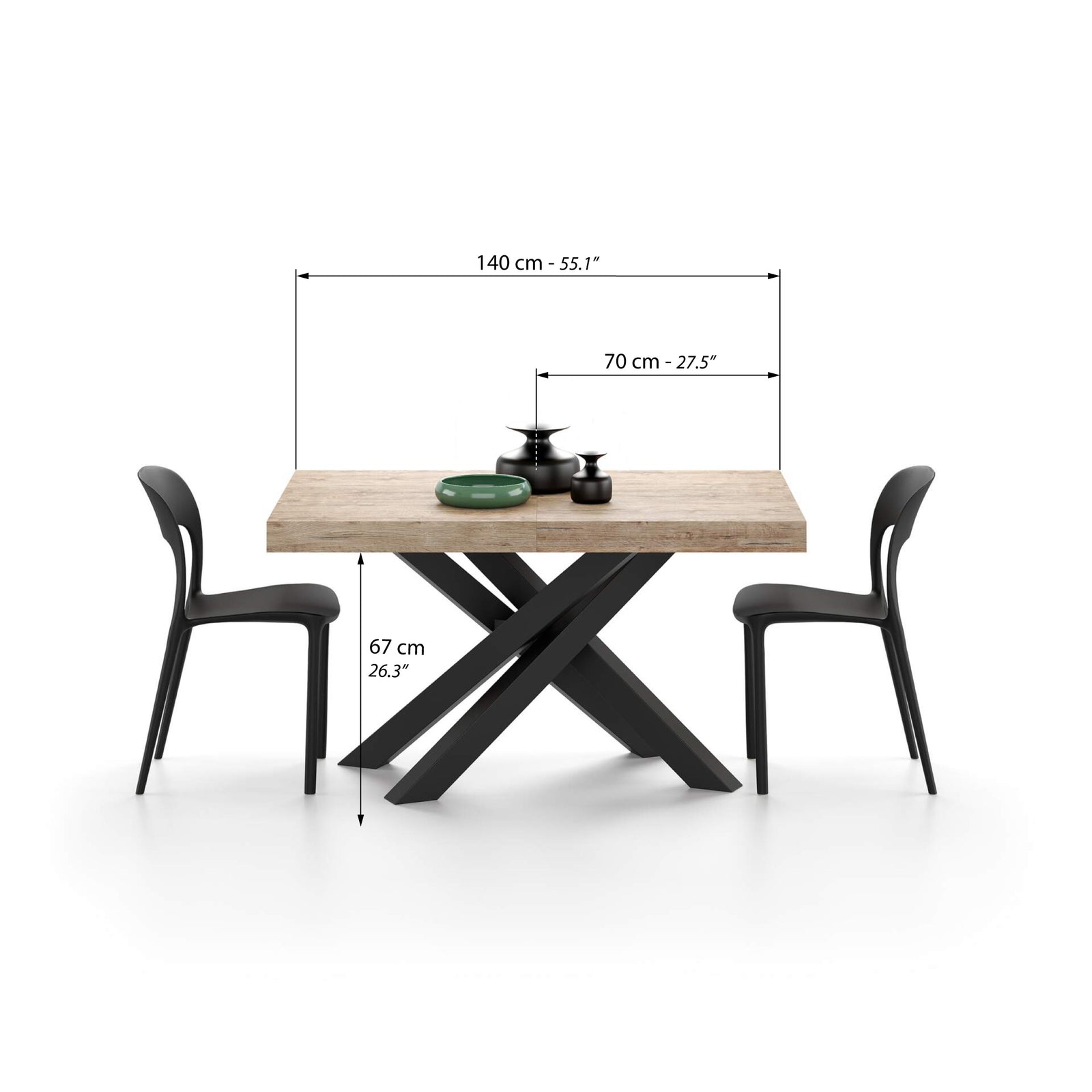 Emma 140(220)x90 cm Extendable Table, Oak with Black Crossed Legs - Immagine tecnica 1