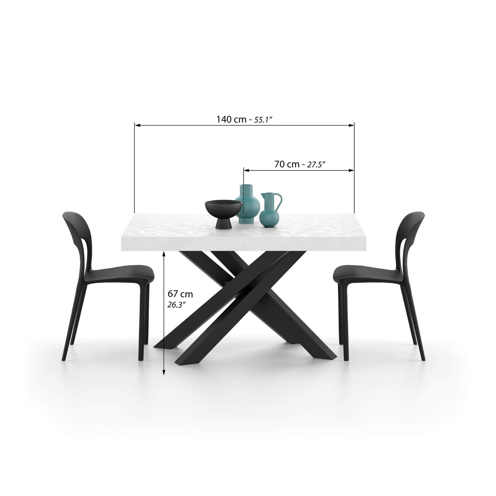Emma 140(220)x90 cm Extendable Table, Concrete Effect, White with Black Crossed Legs - Immagine tecnica 1