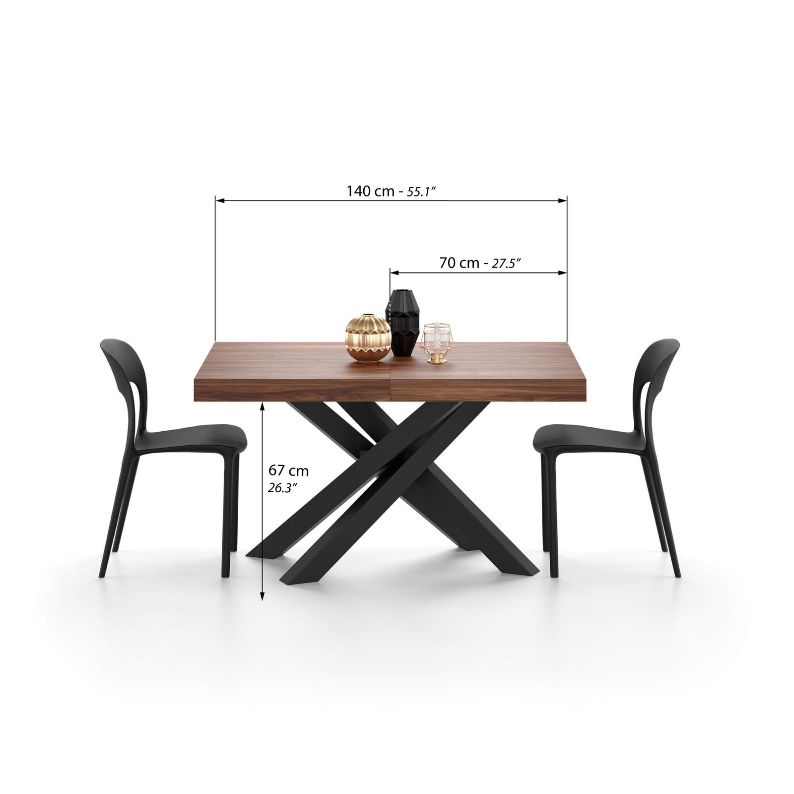 Tavolo Allungabile Emma 140(220)x90 cm, Noce Canaletto con Gambe Incrociate Nere - Immagine tecnica 1