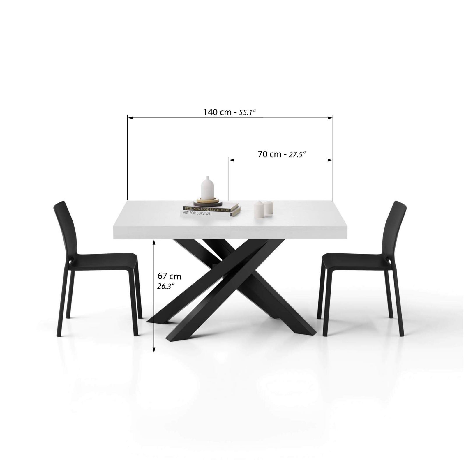 Emma 140(220)x90 cm Extendable Table, Ashwood White with Black Crossed Legs - Immagine tecnica 1