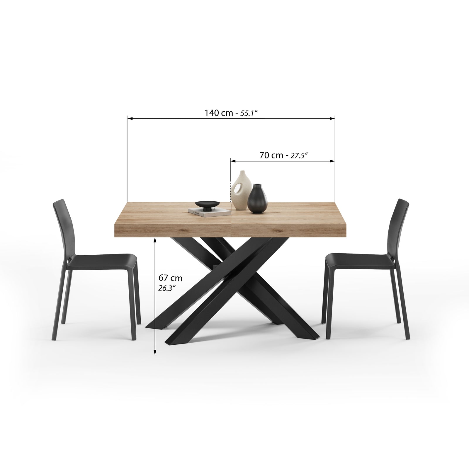 Emma 140(220)x90 cm Extendable Table, Light Oak with Black Crossed Legs - Immagine tecnica 1