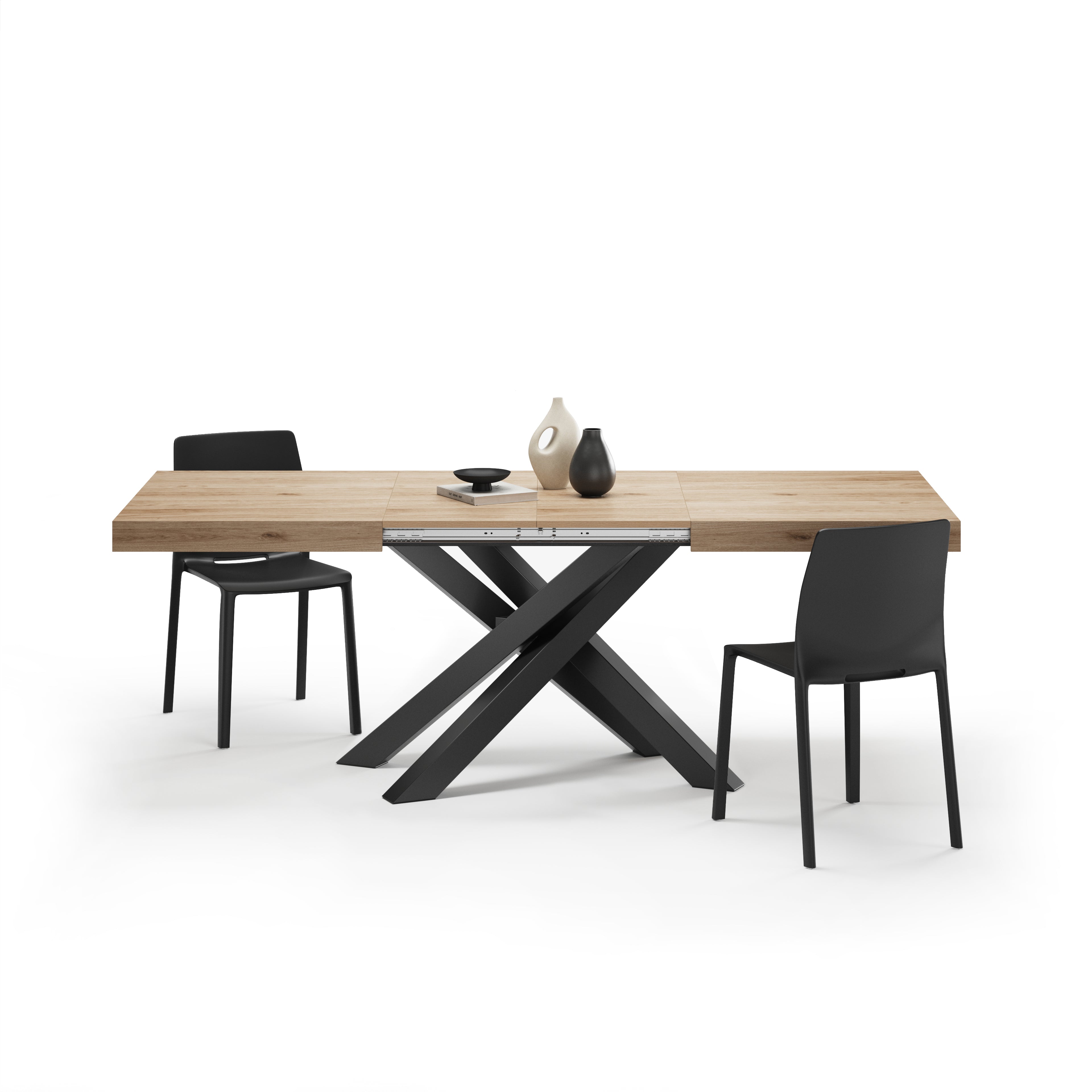Tavolo Allungabile Emma 140(220)x90 cm, Rovere Naturale con Gambe Incrociate nere