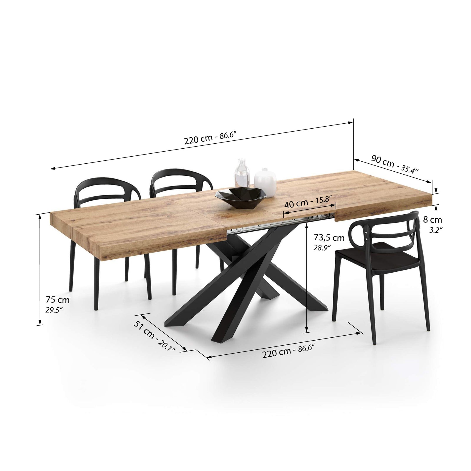 Emma 140(220)x90 cm Extendable Table, Rustic Oak with Black Crossed Legs - Immagine tecnica 2