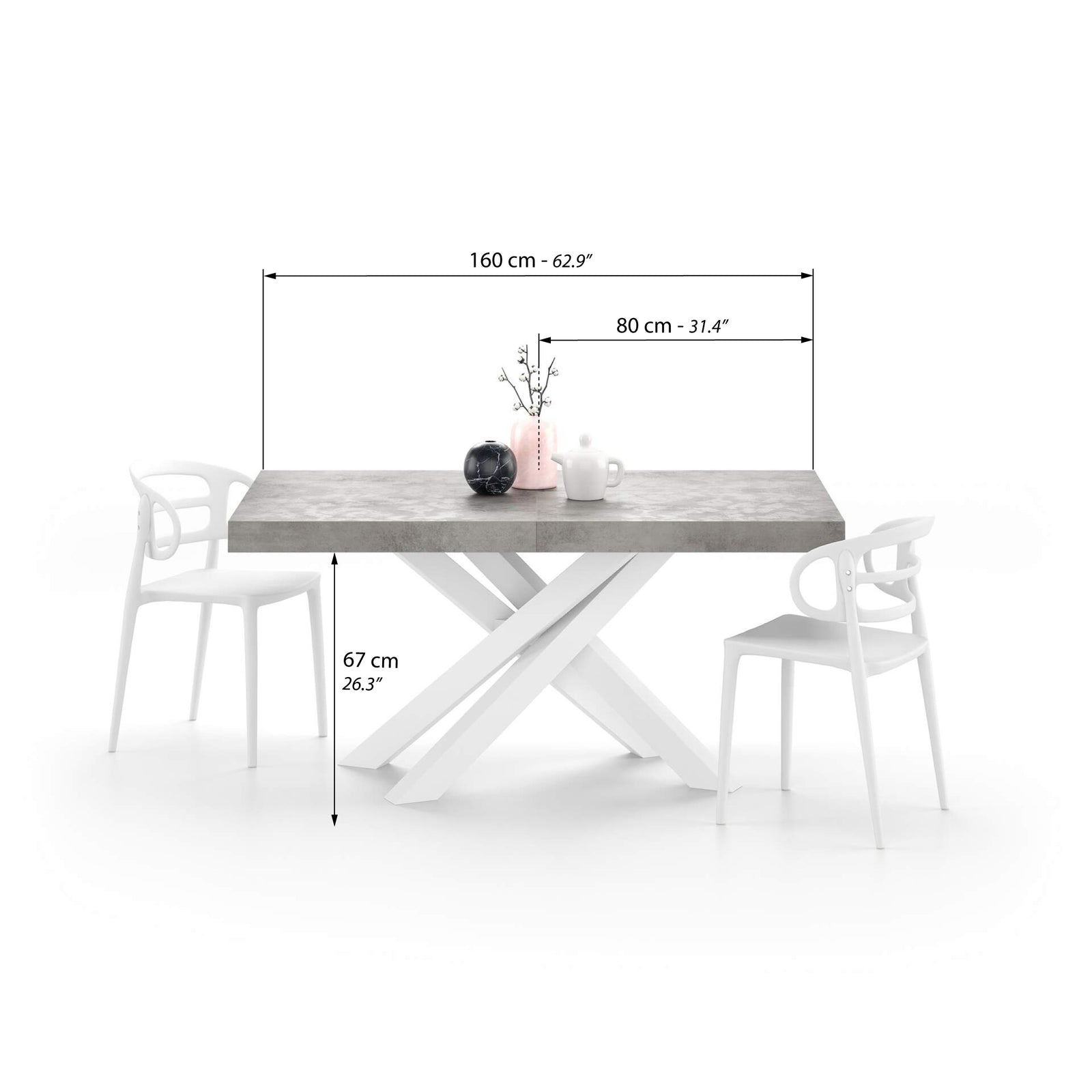 Masă extensibilă Emma 160(240)x90 cm, Gri Ciment cu Picioare Încrocișate Albe - Immagine tecnica 1