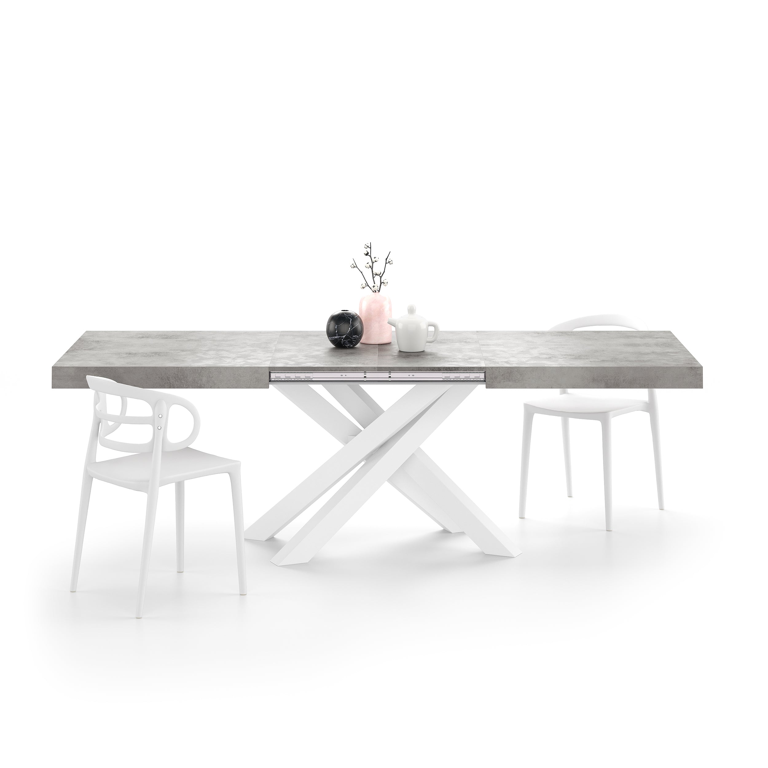Mesa extensible Emma 160(240)x90 cm, color cemento gris con patas cruzadas blancas