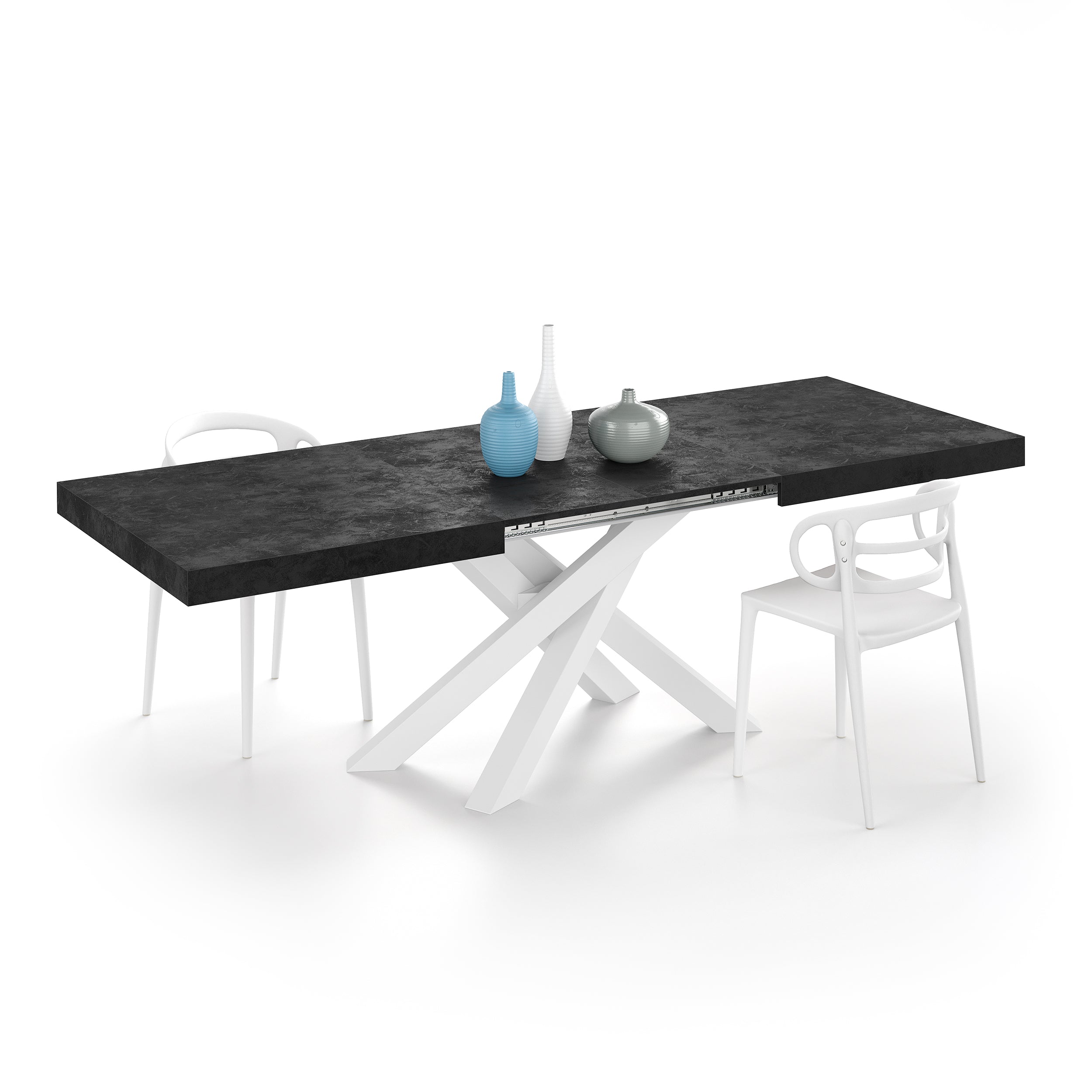 Table Extensible Emma 160(240)x90 cm, Noir Béton avec Pieds Croisés Blancs - Detail image 1