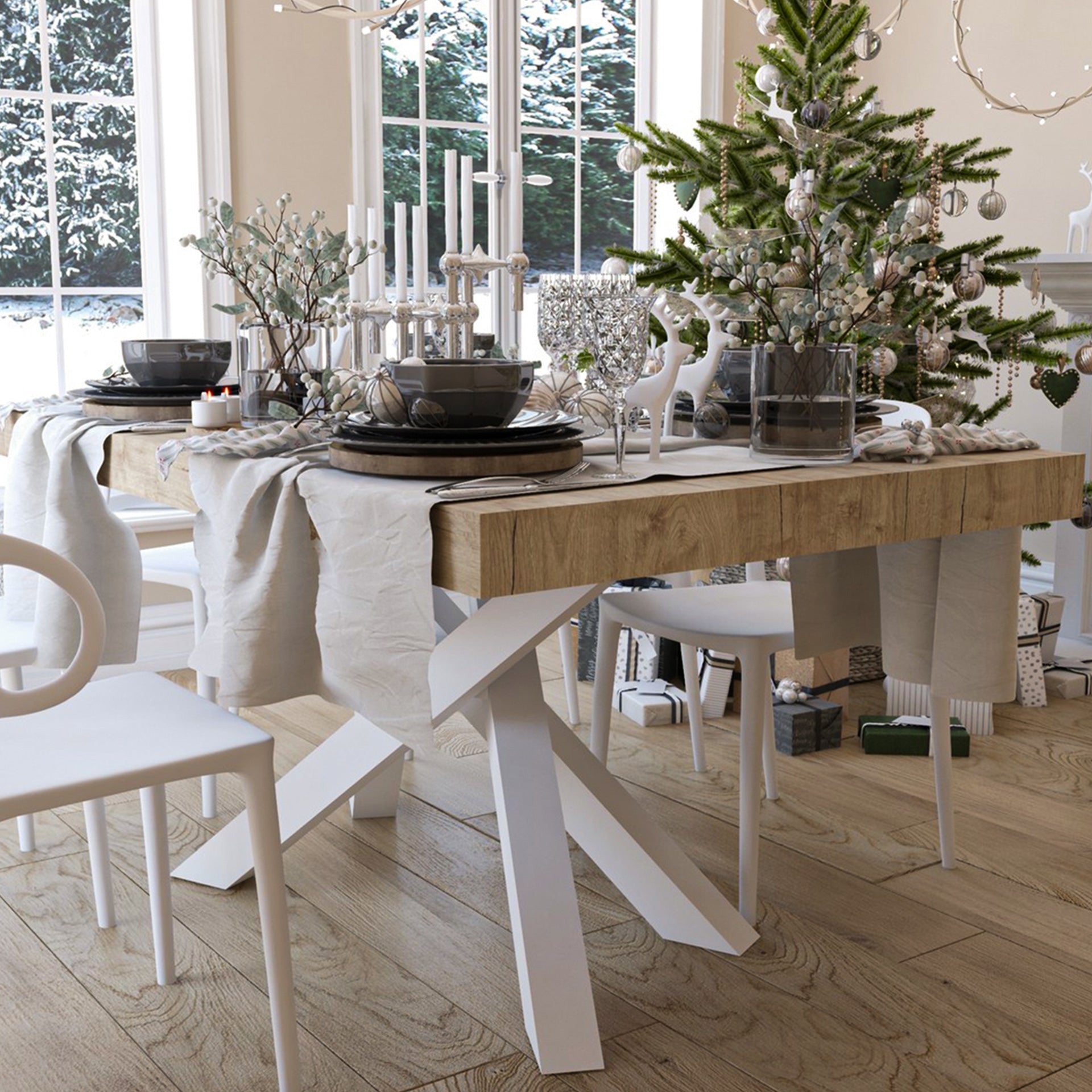 Table Extensible Emma 140(220)x90 cm, Chêne naturel avec Pieds Croisés Blancs - Set image 4