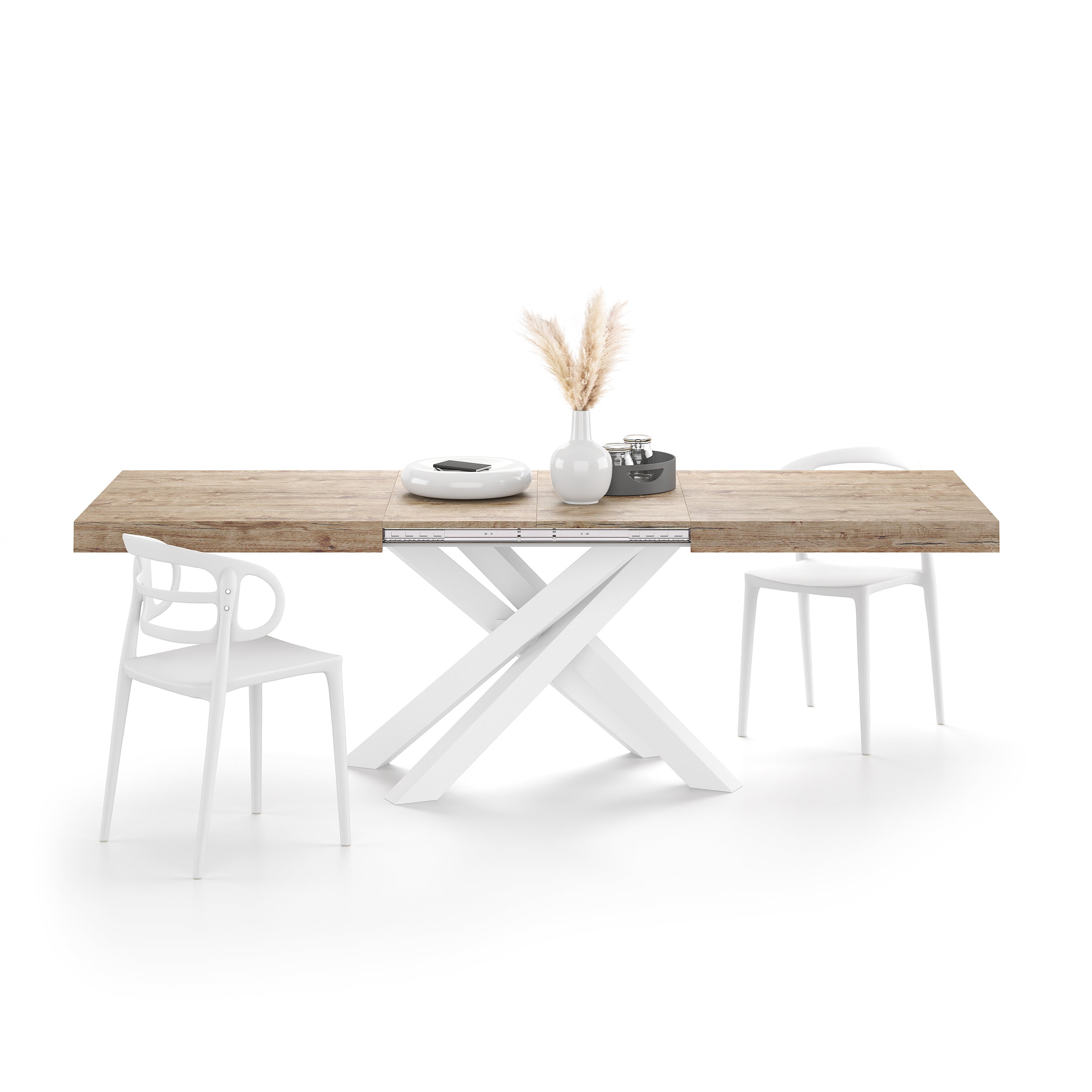Emma 63(94.5)x35.4 in Extendable Table, Oak with White Crossed Legs