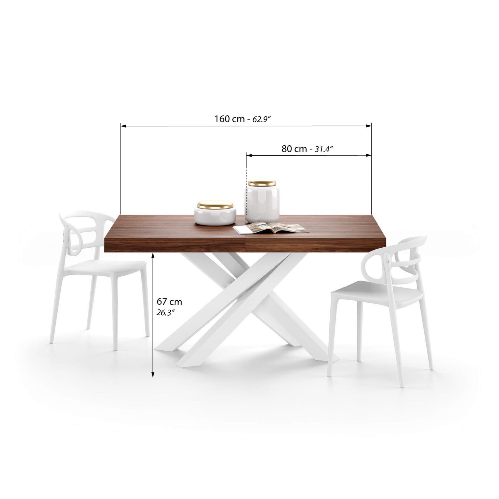 Emma 160(240)x90 cm Extendable Table, Canaletto Walnut with White Crossed Legs - Immagine tecnica 1