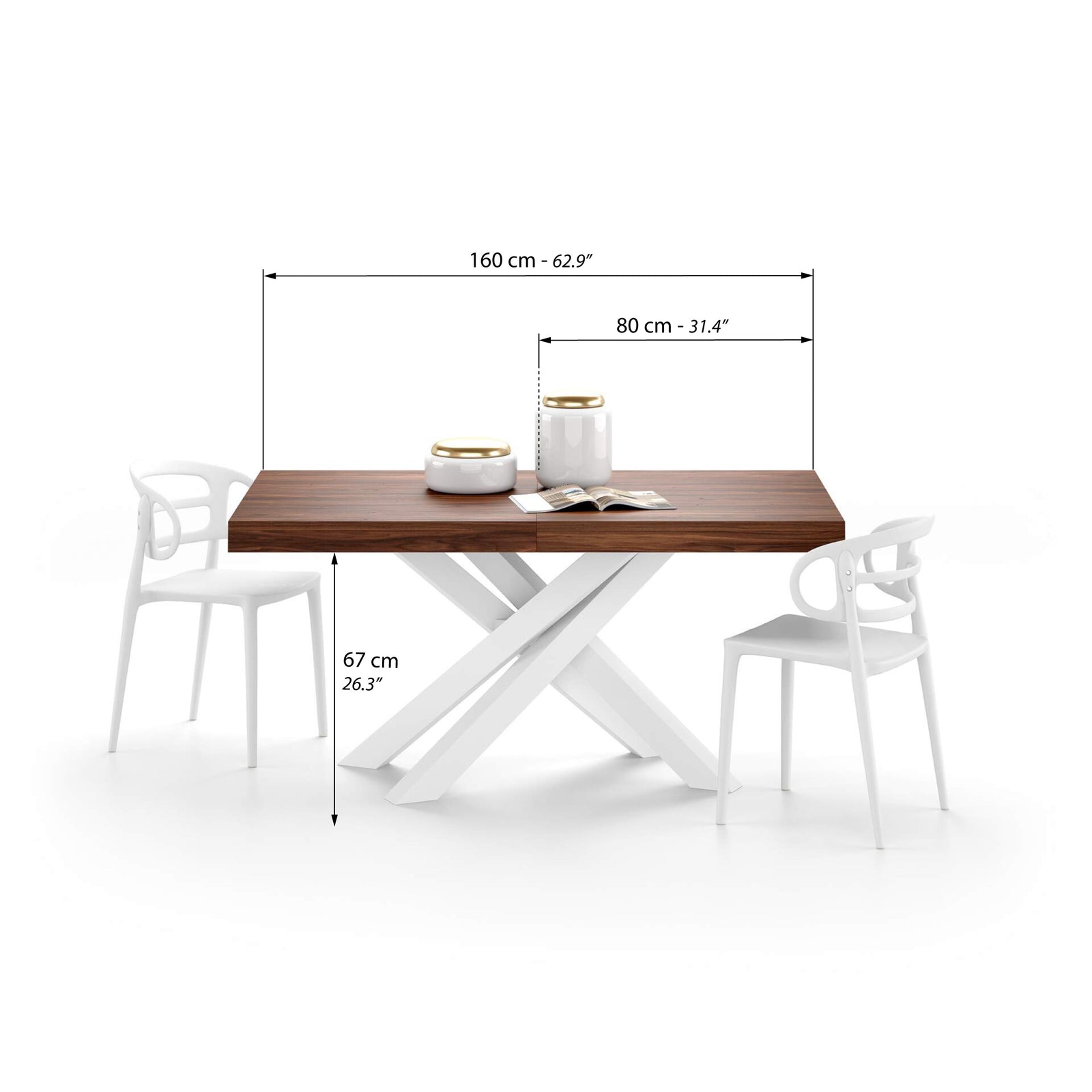 Table Extensible Emma 160(240)x90 cm, Noyer avec Pieds Croisés Blancs - Immagine tecnica 1