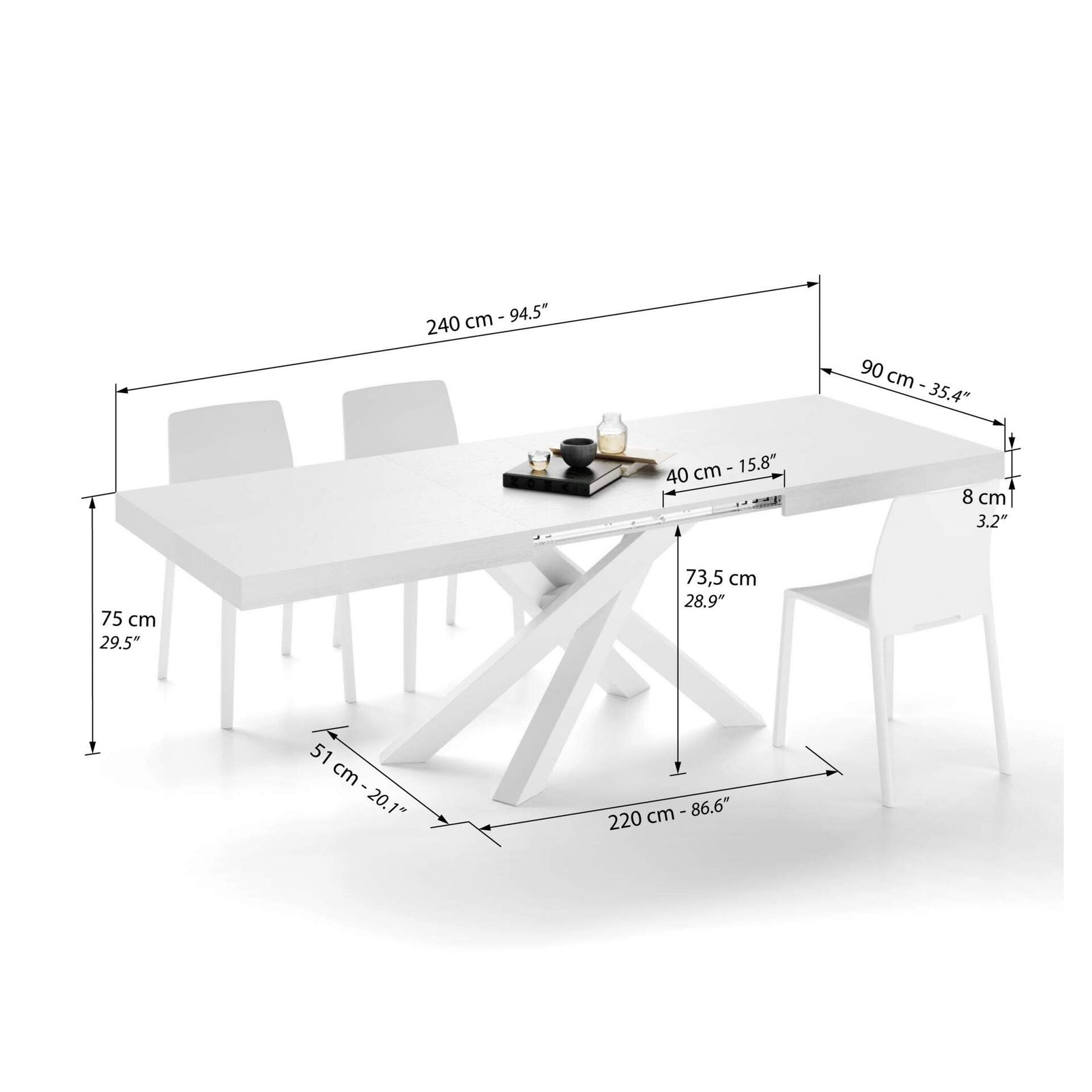 Table Extensible Emma 160(240)x90 cm, Frêne Blanc avec Pieds Croisés Blancs - Immagine tecnica 2