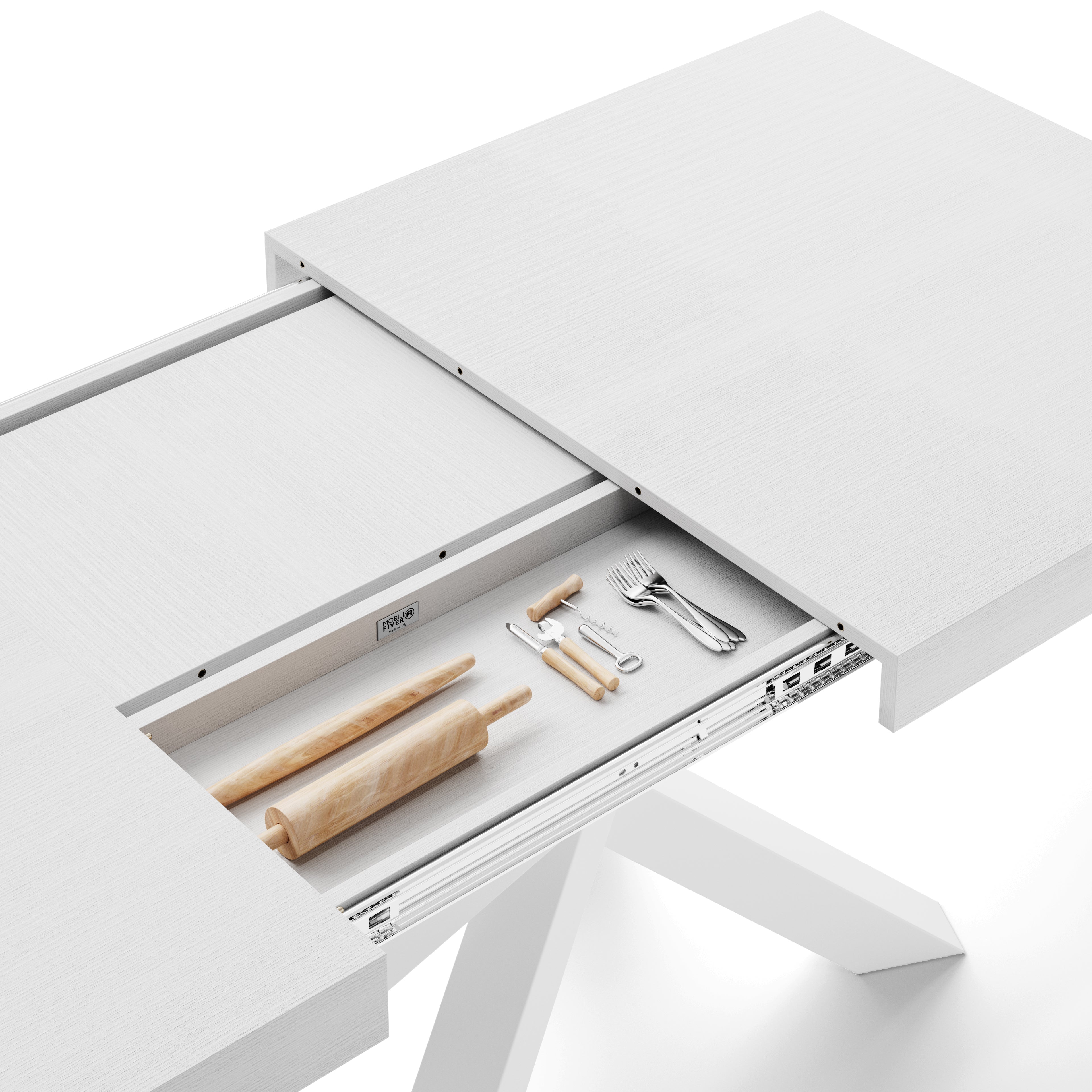 Table Extensible Emma 160(240)x90 cm, Frêne Blanc avec Pieds Croisés Blancs - Detail image 1