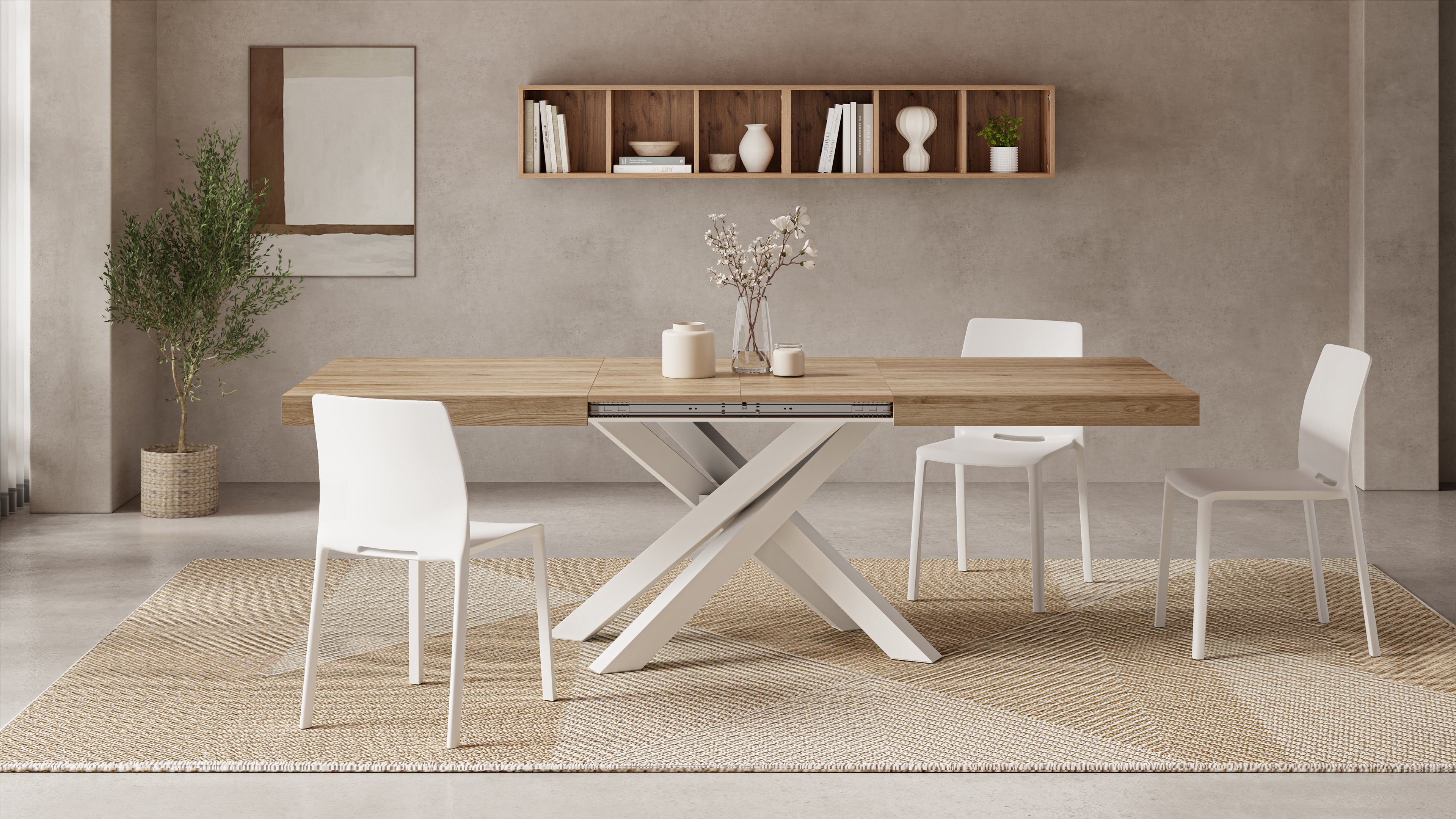 Emma 140(220)x90 cm Extendable Table, Light Oak with White Crossed Legs - Set image 1