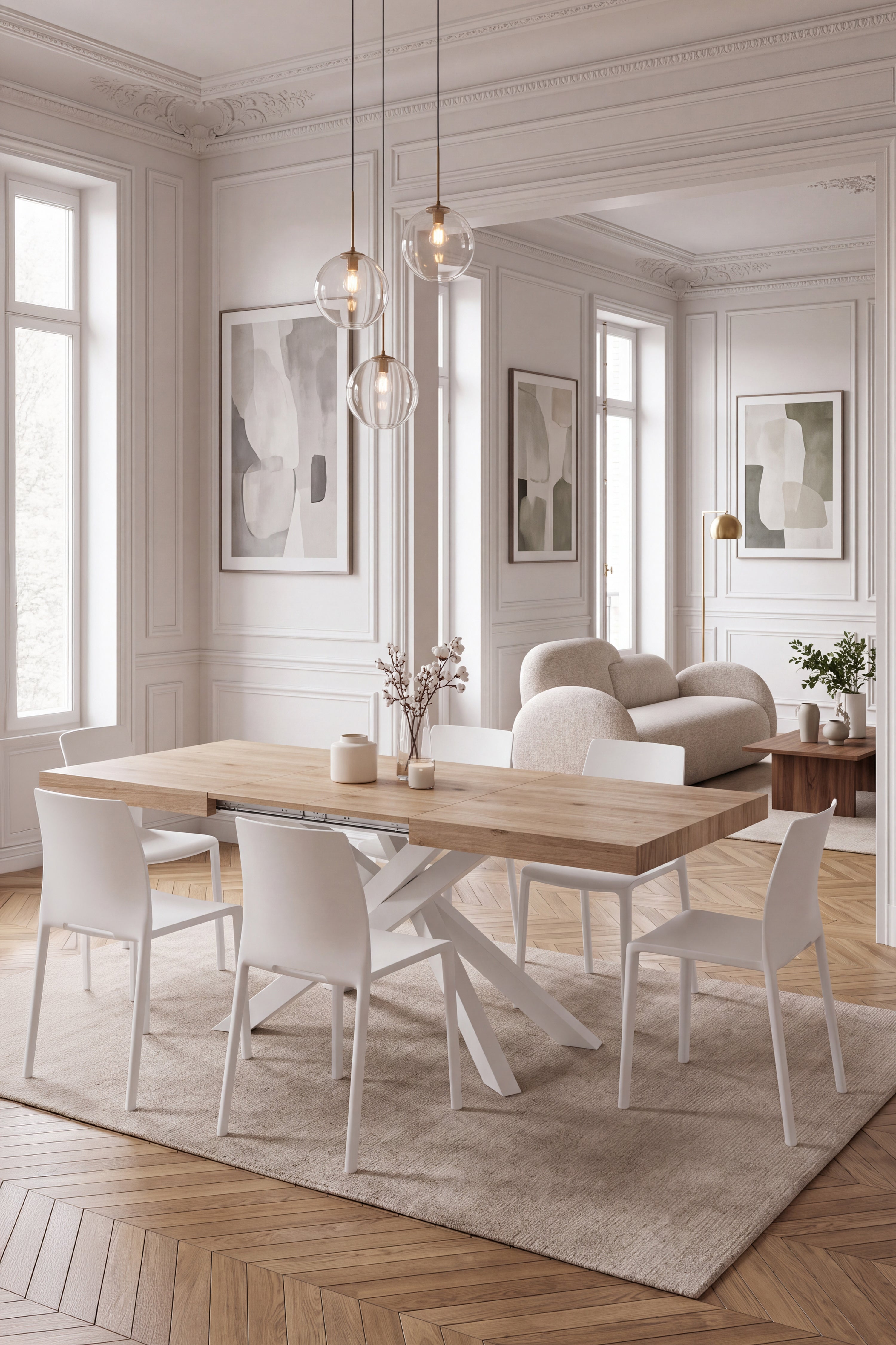 Emma 160(240)x90 cm Extendable Table, Light Oak with White Crossed Legs - Set image 2