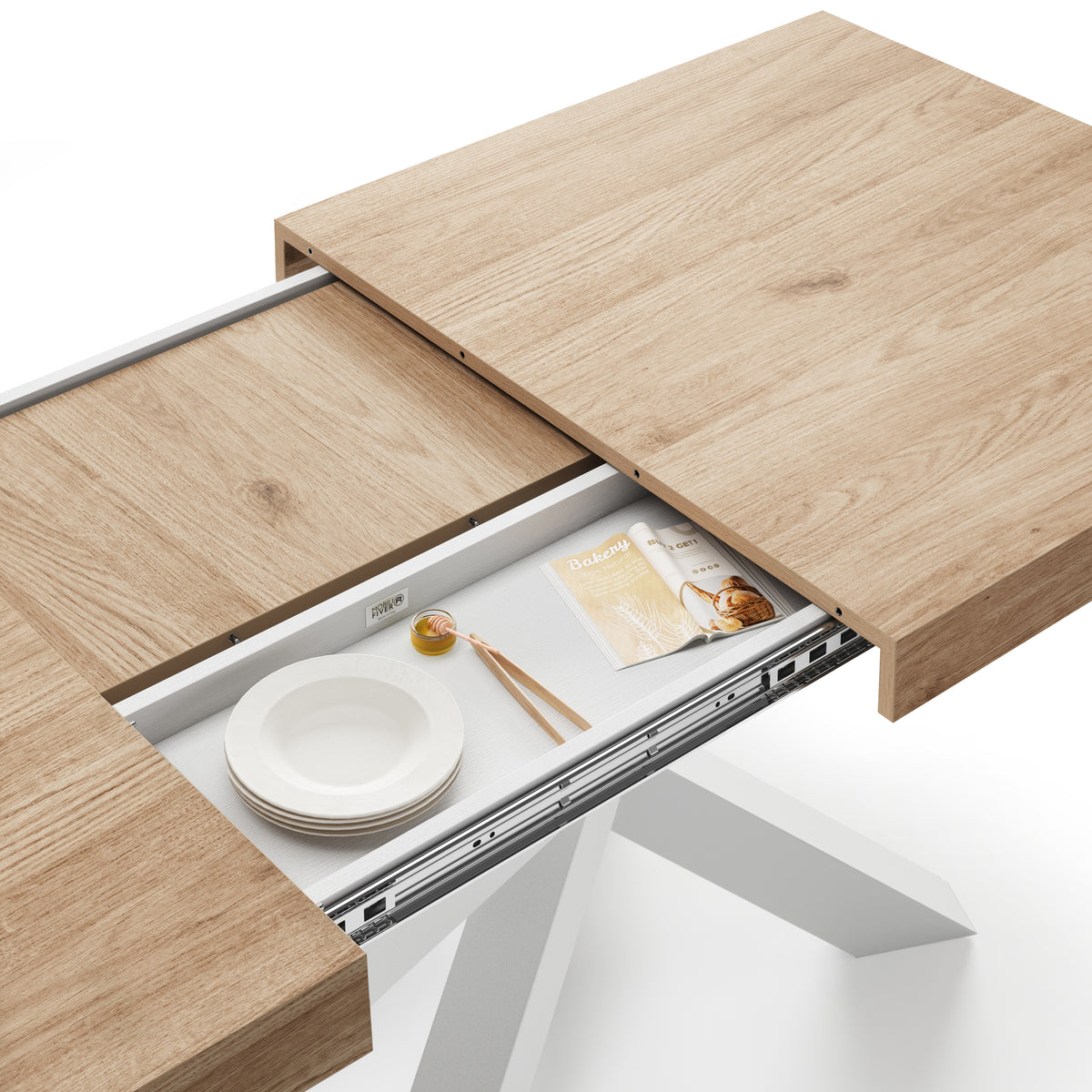 Emma 160(240)x90 cm Extendable Table, Light Oak with White Crossed Legs - Detail image 1