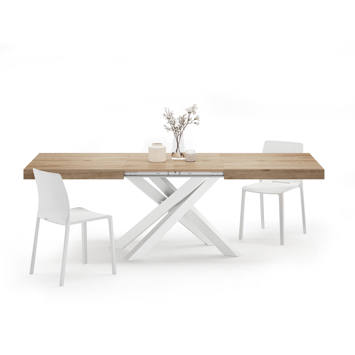 Emma 160(240)x90 cm Extendable Table, Light Oak with White Crossed Legs