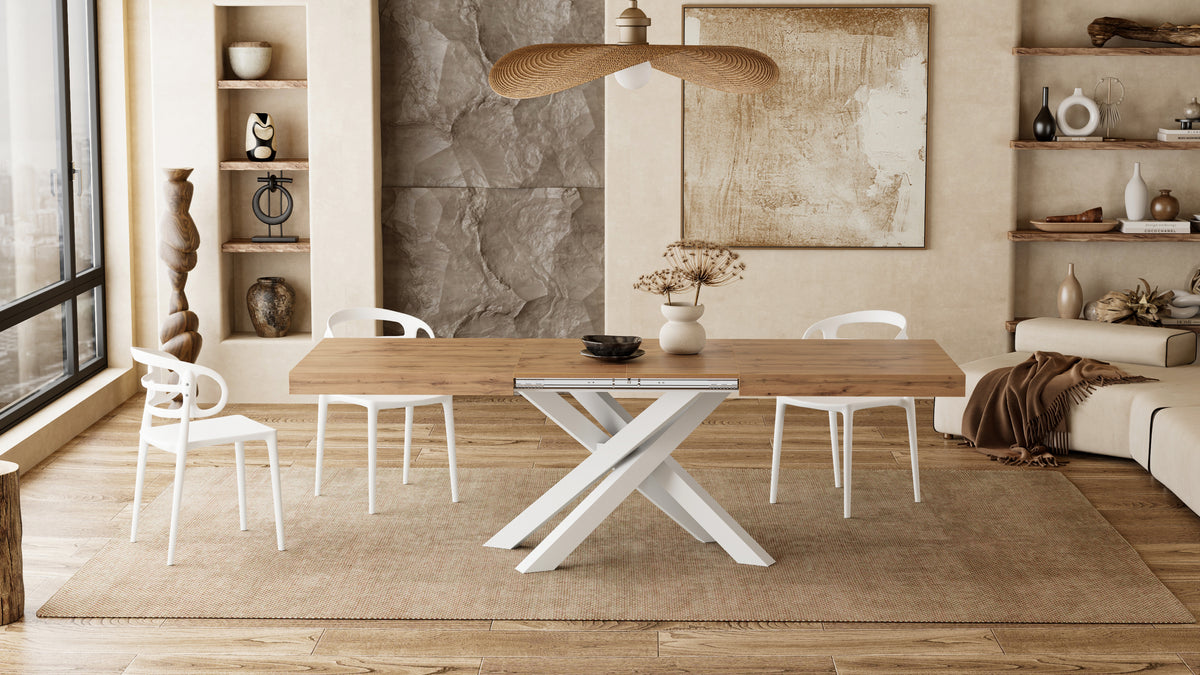 Mesa extensible Emma 63(94,5)x35,4 in, color madera rústica con patas cruzadas blancas - Imagen del conjunto 5