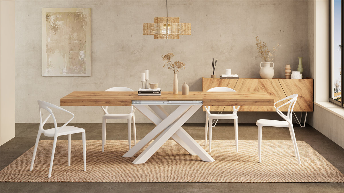Mesa extensible Emma 63(94,5)x35,4 in, color madera rústica con patas cruzadas blancas - Imagen del conjunto 4