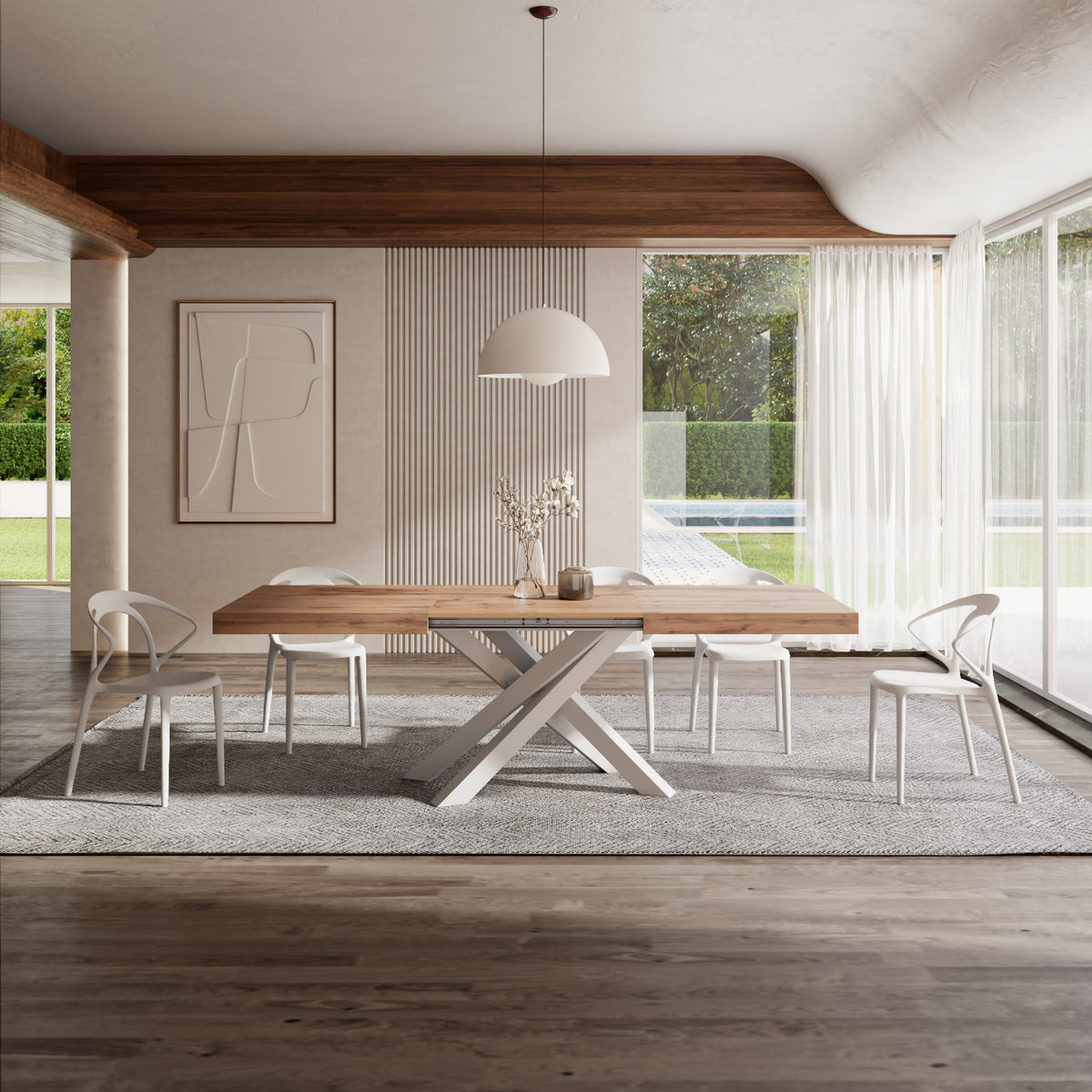 Mesa extensible Emma 63(94,5)x35,4 in, color madera rústica con patas cruzadas blancas - Imagen del conjunto 3