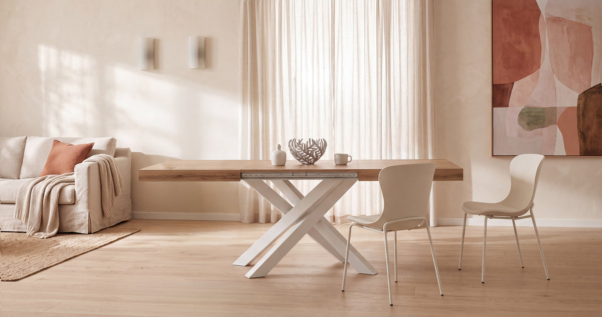 Mesa extensible Emma 63(94,5)x35,4 in, color madera rústica con patas cruzadas blancas - gallery 14