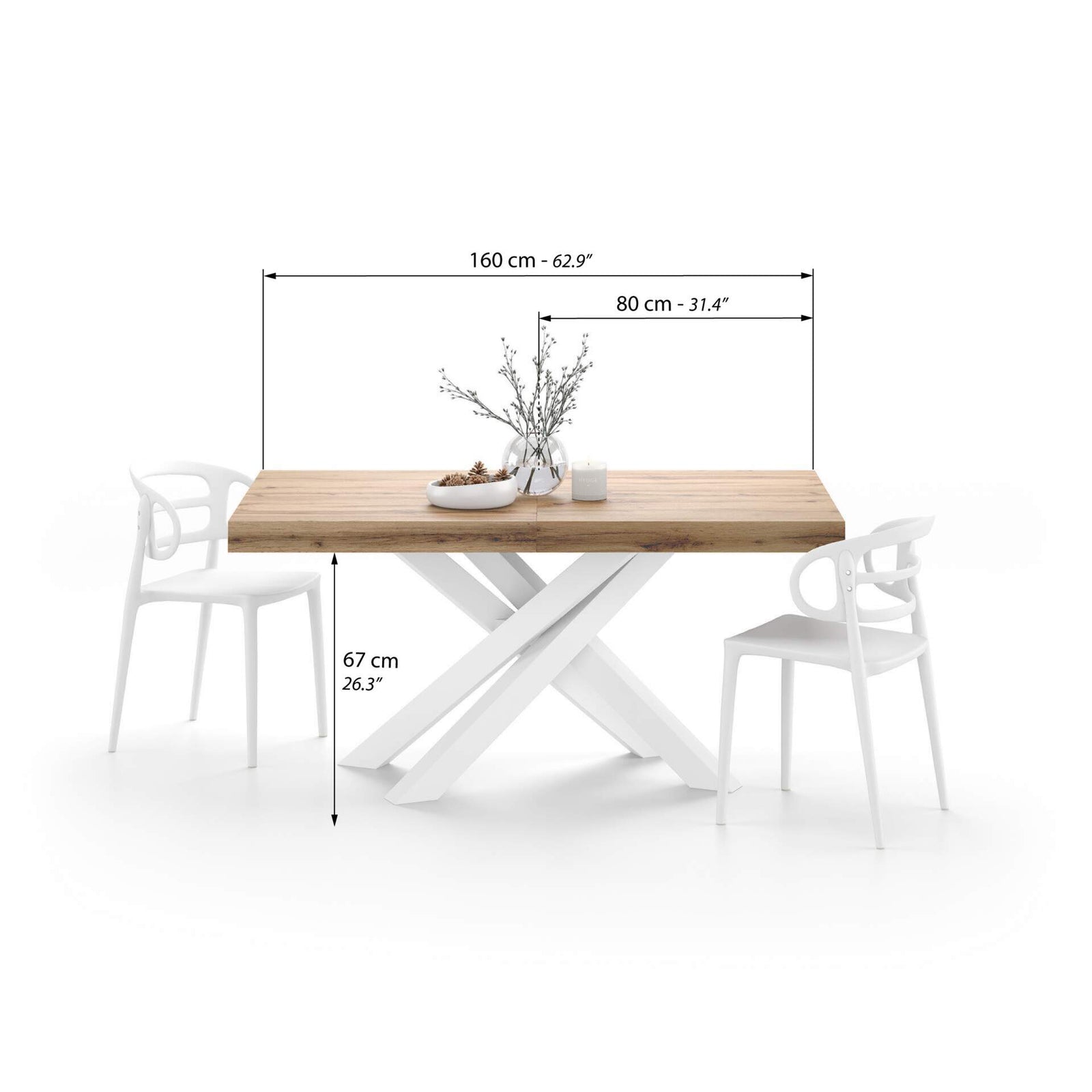 Emma 160(240)x90 cm uitschuifbare tafel, rustiek eiken met witte kruispoten - Immagine tecnica 1