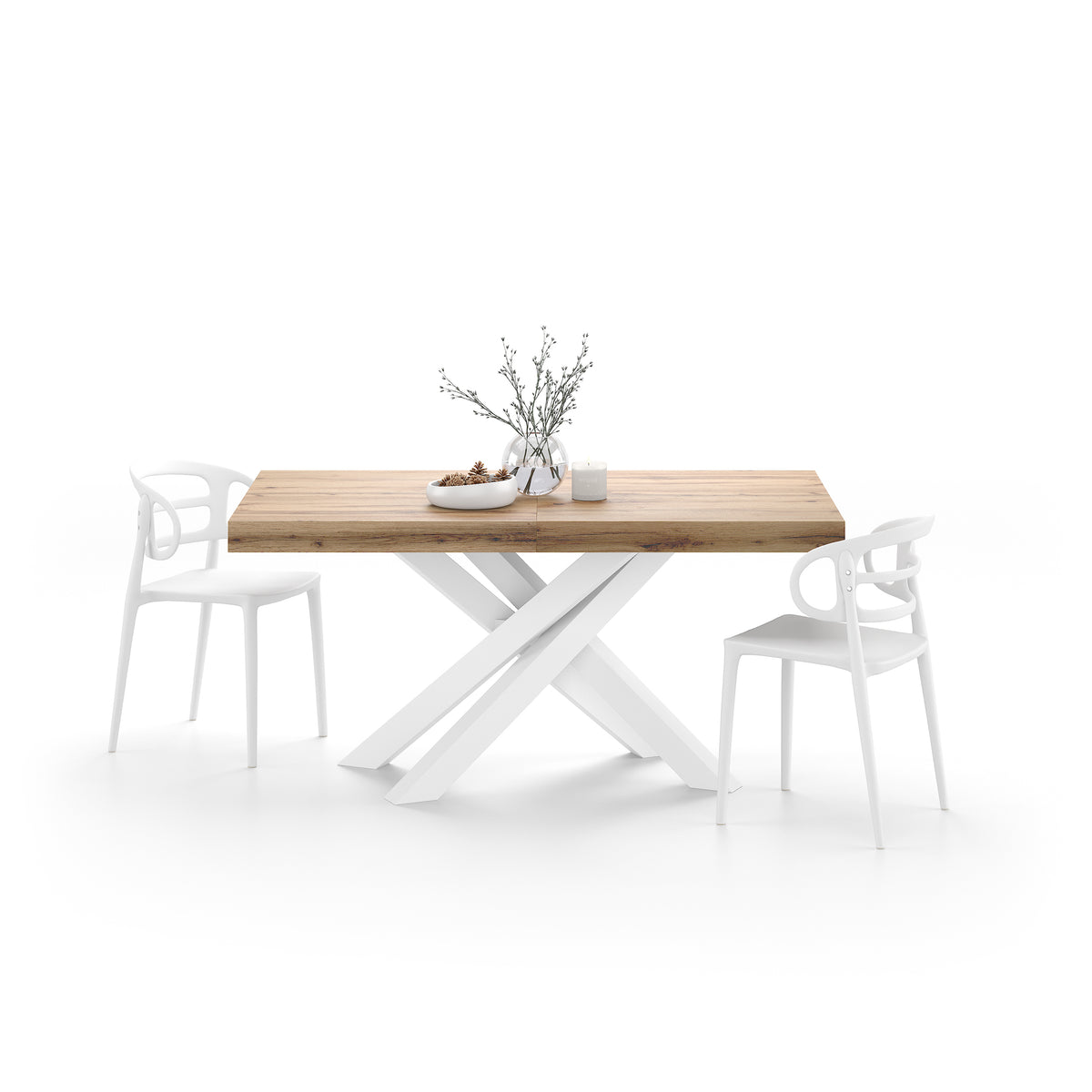 Mesa extensible Emma 63(94,5)x35,4 in, color madera rústica con patas cruzadas blancas - Imagen de detalle 3