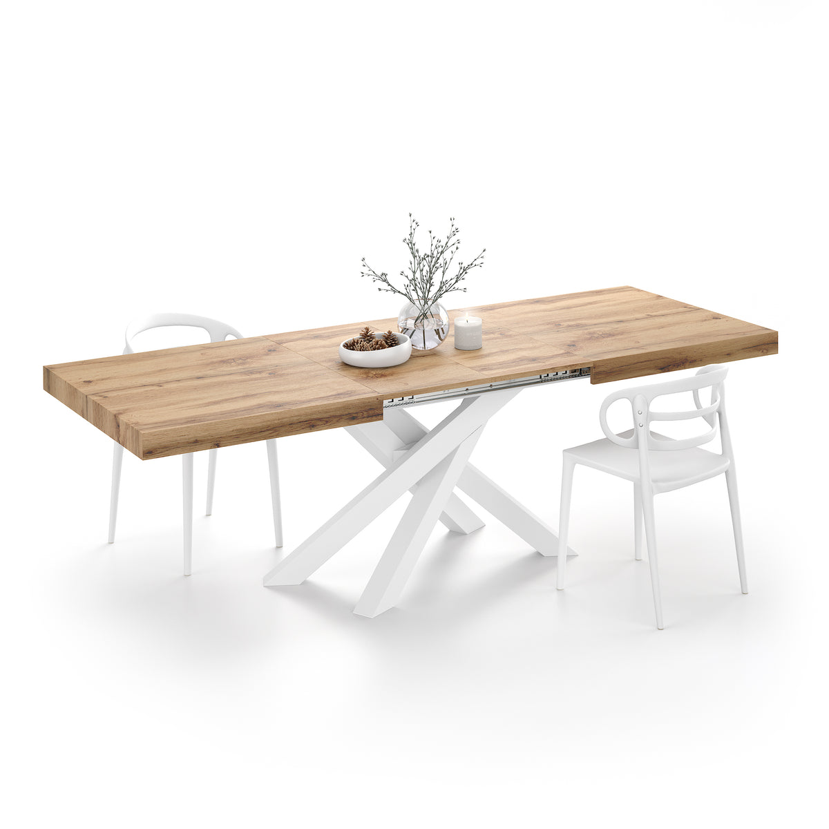 Mesa extensible Emma 63(94,5)x35,4 in, color madera rústica con patas cruzadas blancas - Imagen de detalle 2