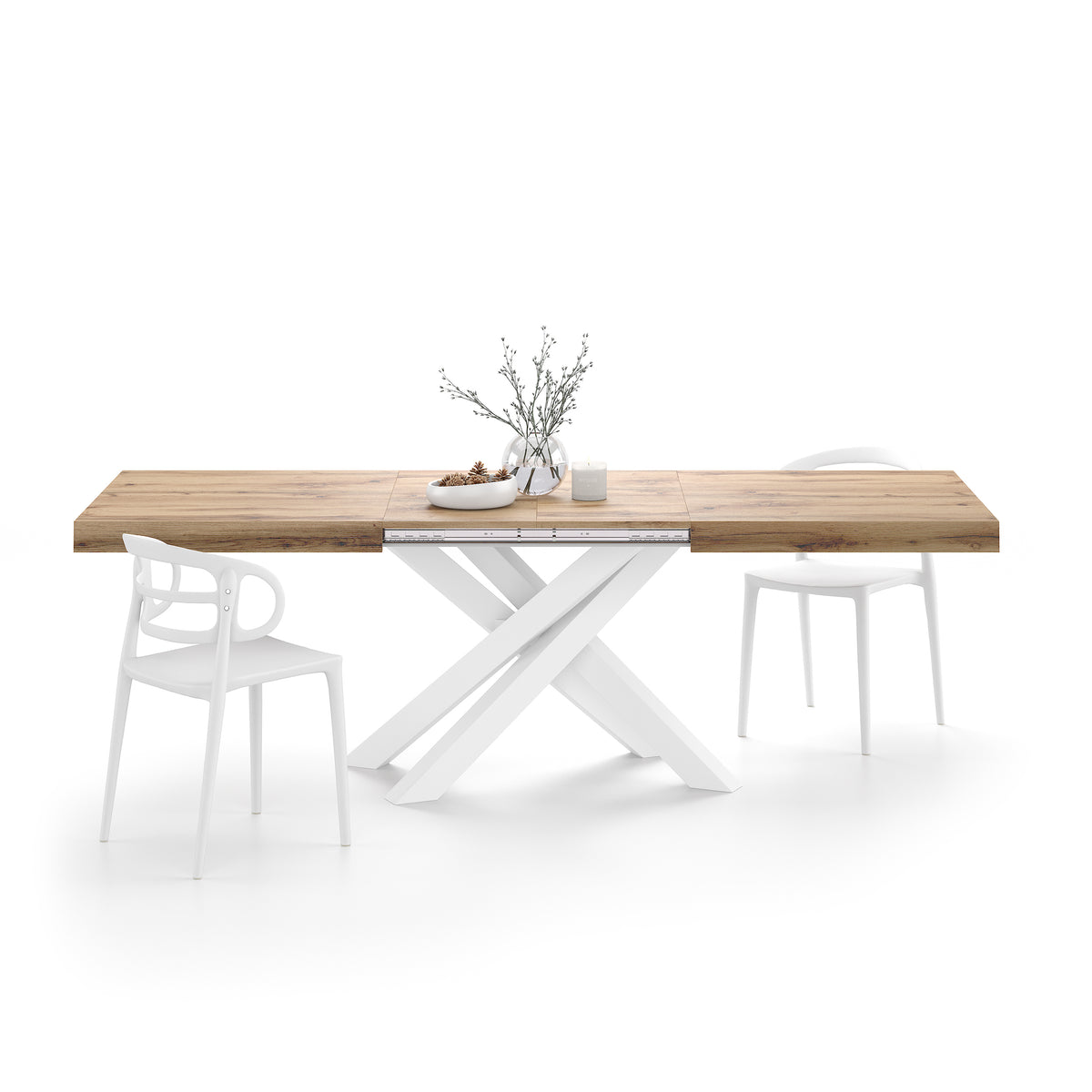 Emma 160(240)x90 cm Extendable Table, Rustic Oak with White Crossed Legs