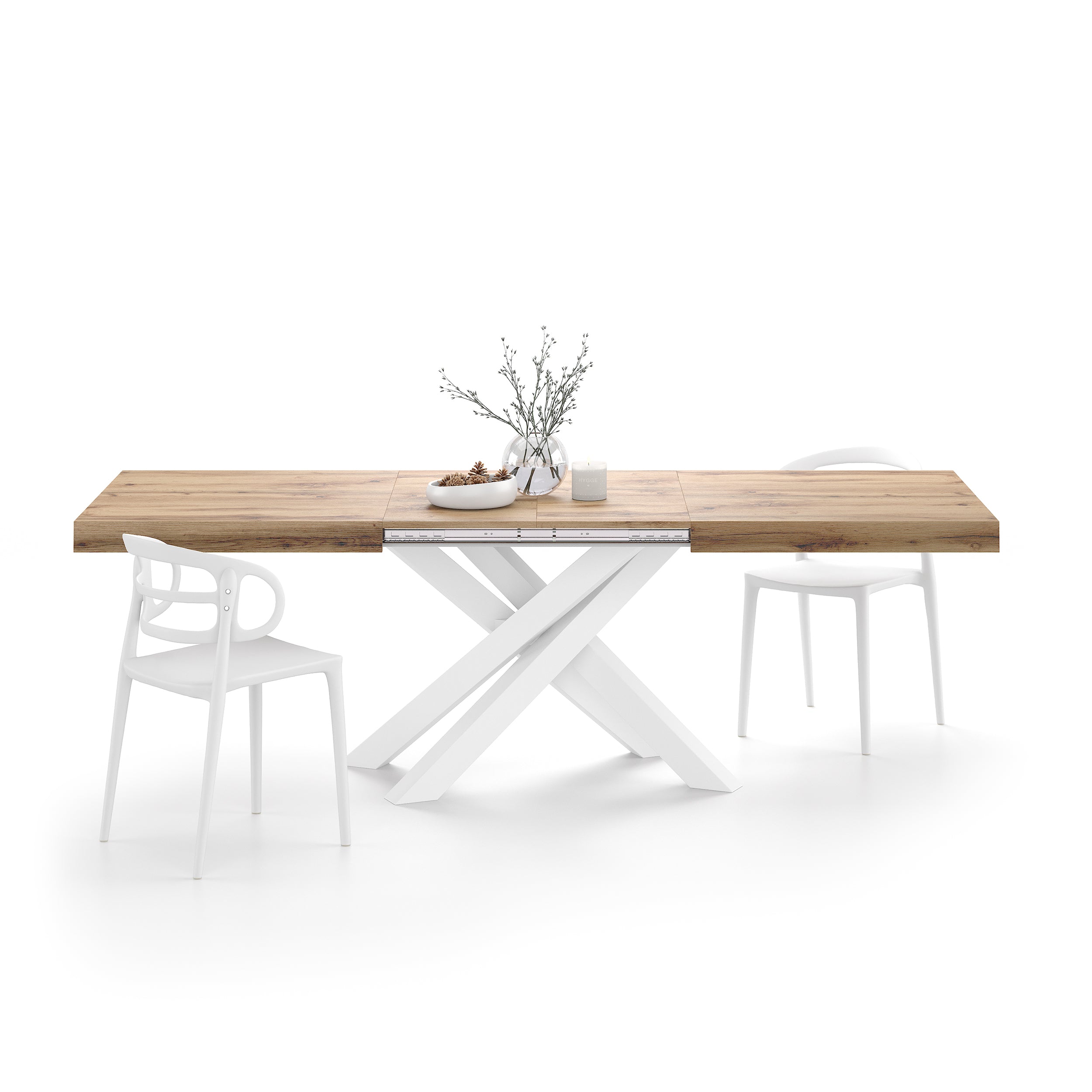 Emma 160(240)x90 cm Extendable Table, Rustic Oak with White Crossed Legs
