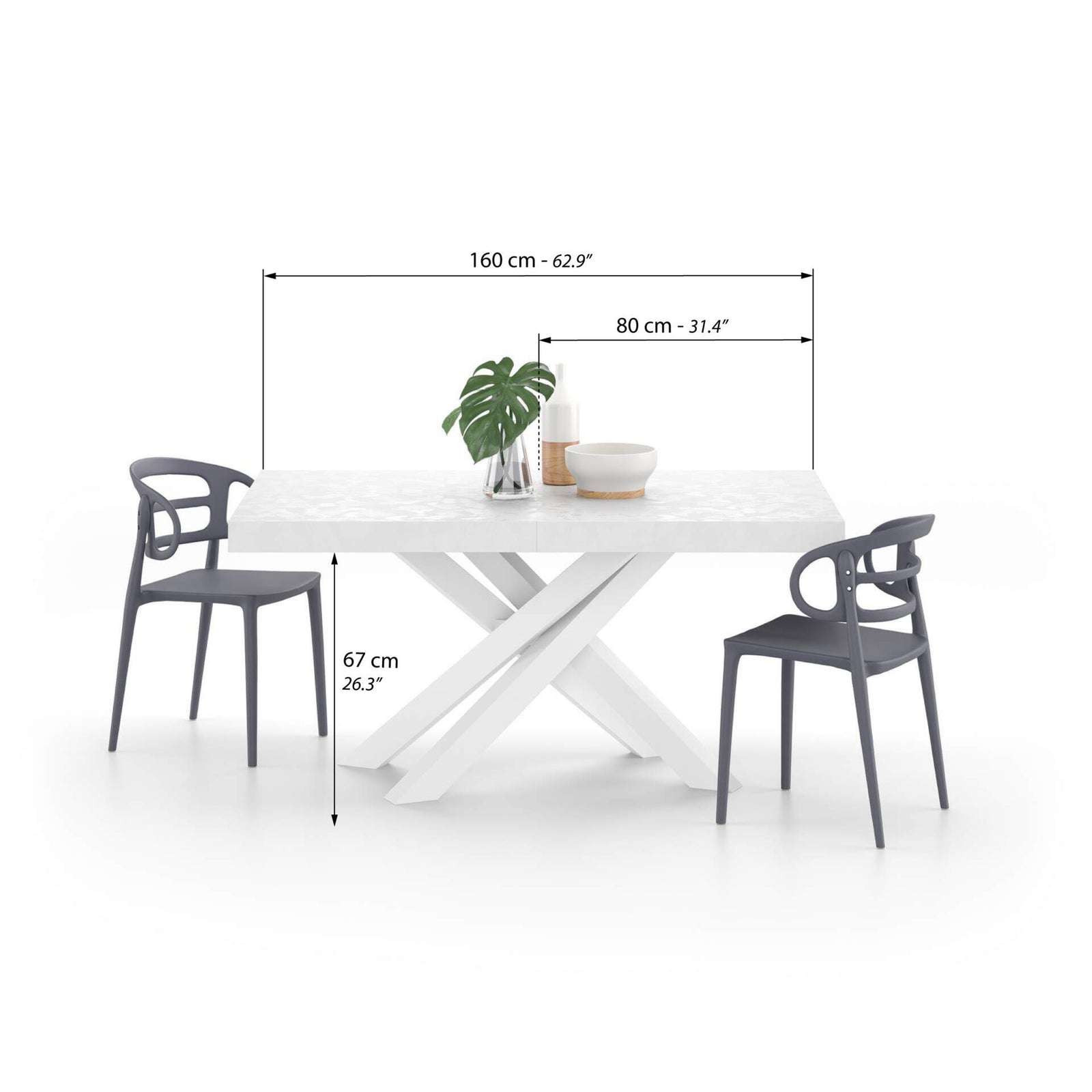 Emma 160(240)x90 cm Extendable Table, Concrete Effect, White with White Crossed Legs - Immagine tecnica 1