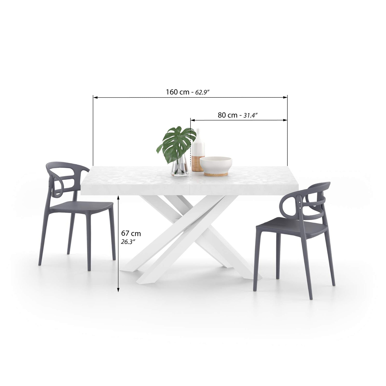 Emma 160(240)x90 cm Extendable Table, Concrete Effect, White with White Crossed Legs - Immagine tecnica 1