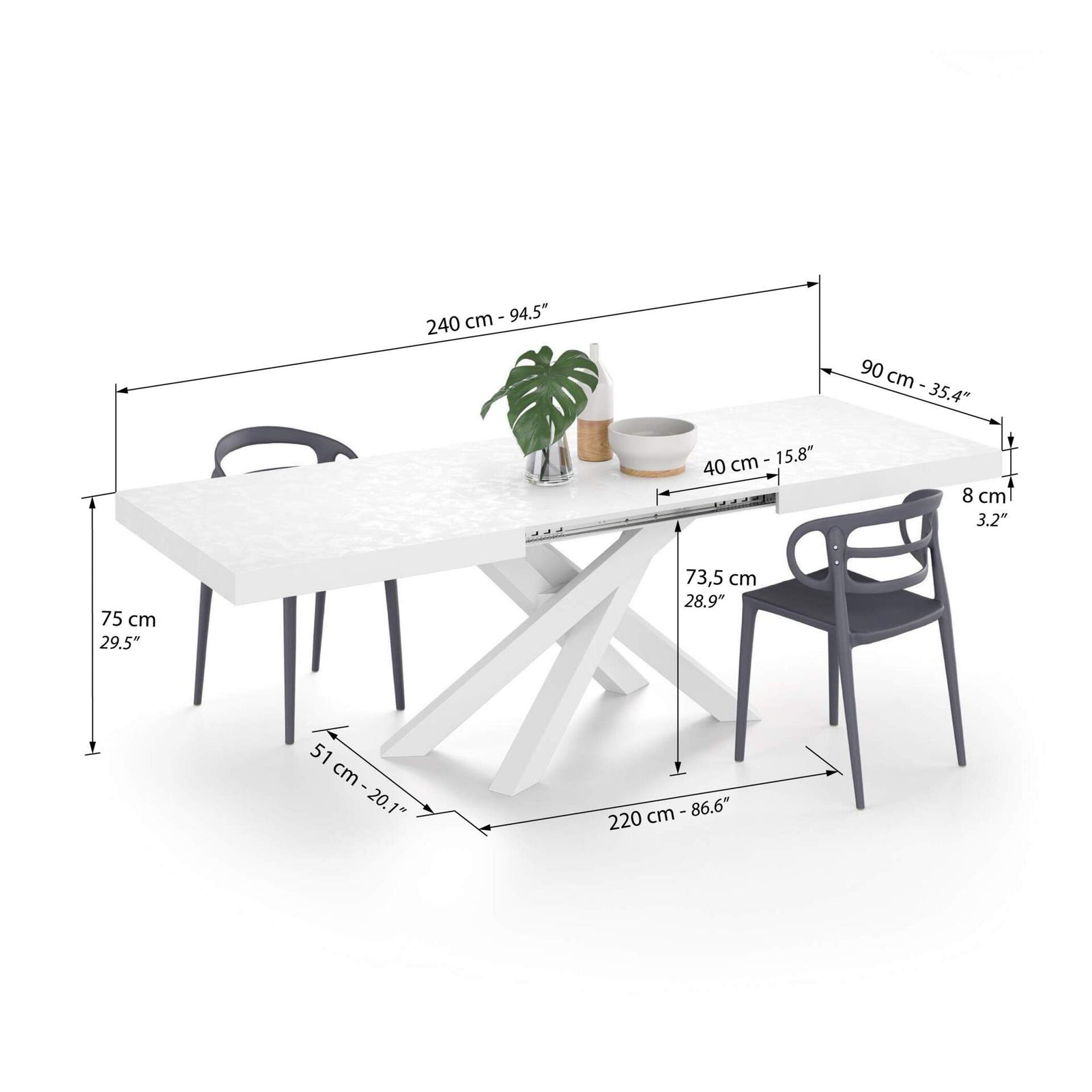 Emma 160(240)x90 cm Extendable Table, Concrete Effect, White with White Crossed Legs - Immagine tecnica 2