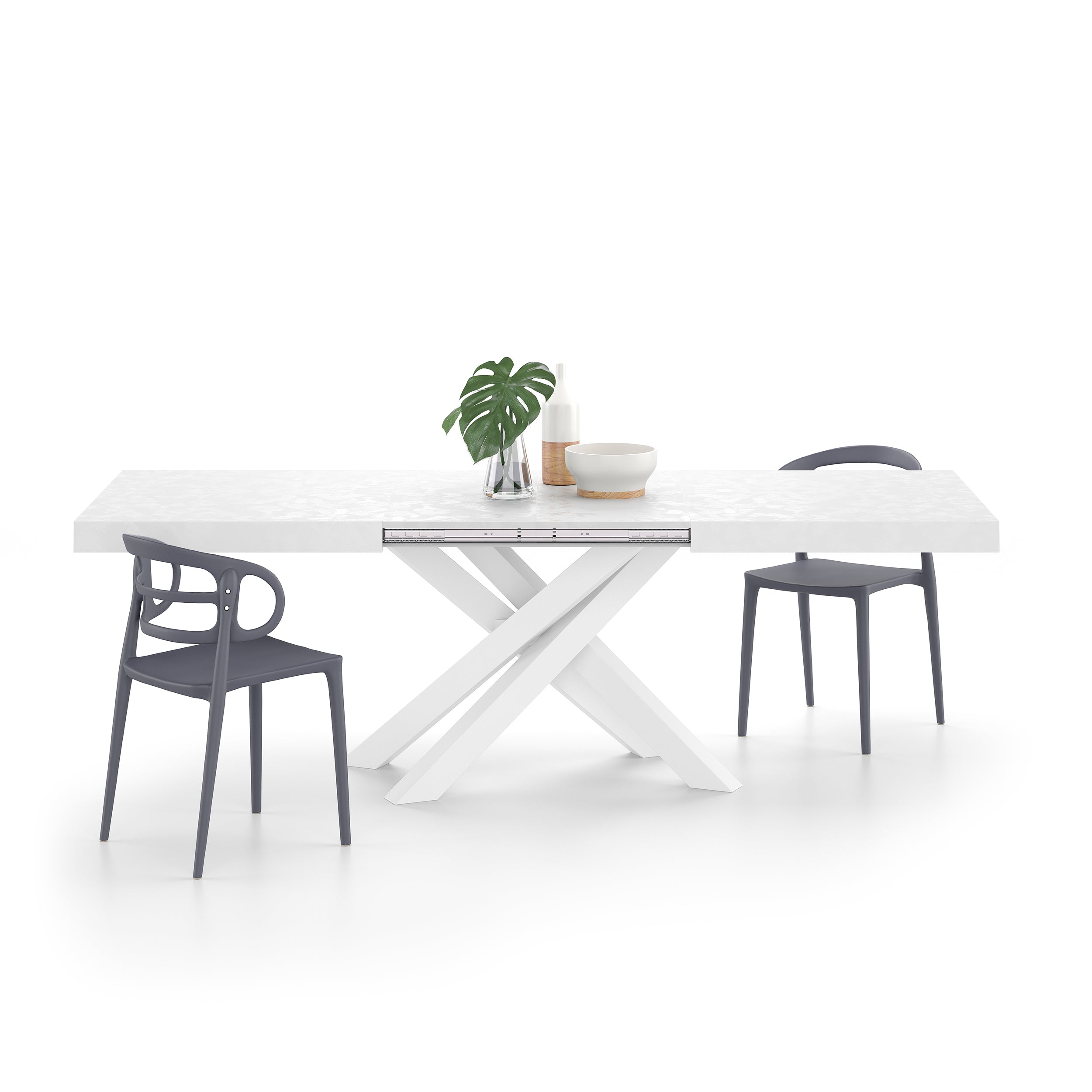 Tavolo Allungabile Emma 160(240)x90 cm, Cemento Bianco con Gambe Incrociate Bianche