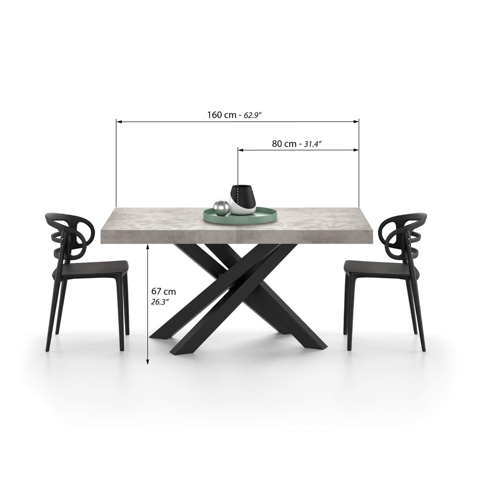 Ausziehbarer Esstisch Emma 160(240)x90 cm, Grauer Beton mit Schwarzen gekreuzten Beinen - Immagine tecnica 1