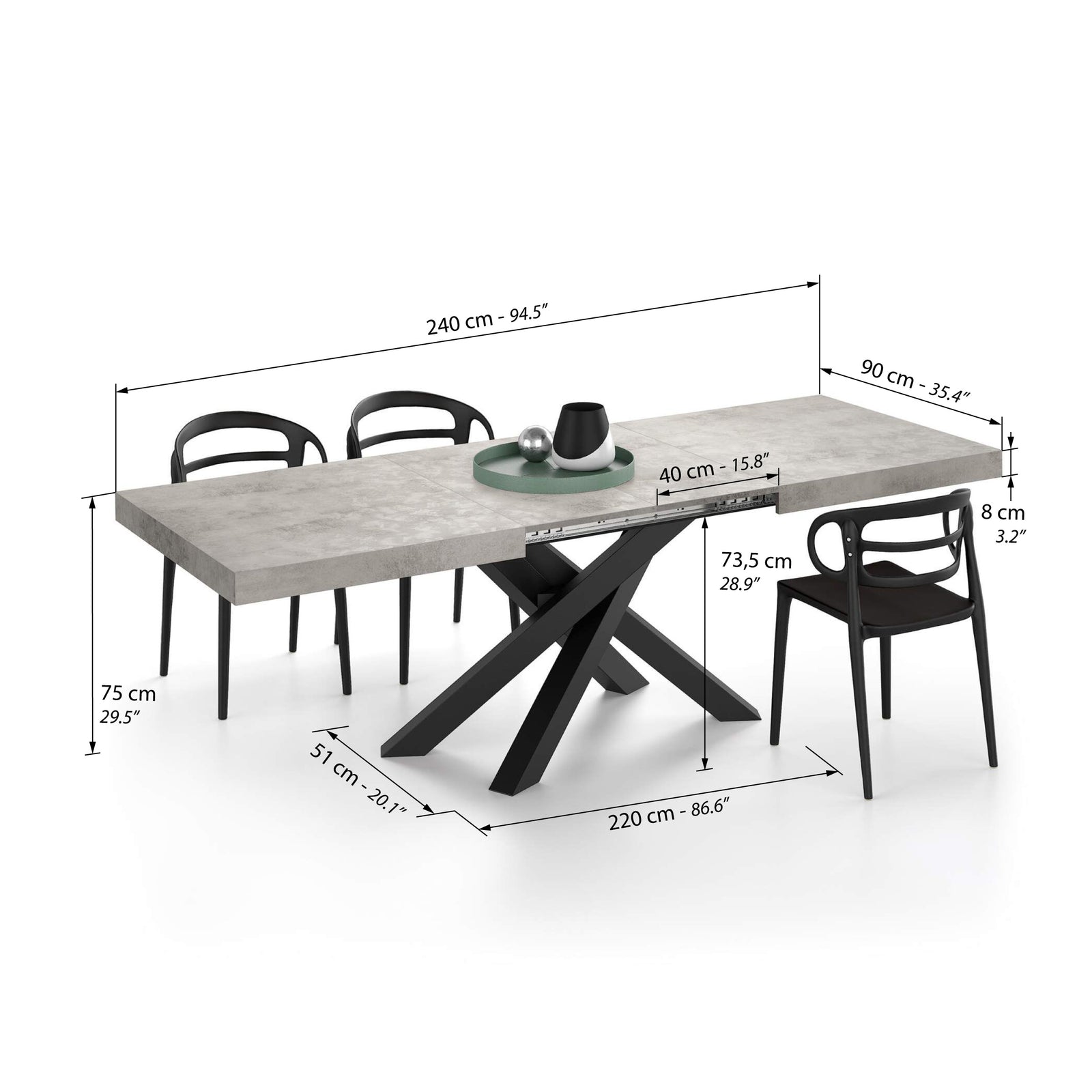 Emma 160(240)x90 cm Extendable Table, Concrete Effect, Grey with Black Crossed Legs - Immagine tecnica 2