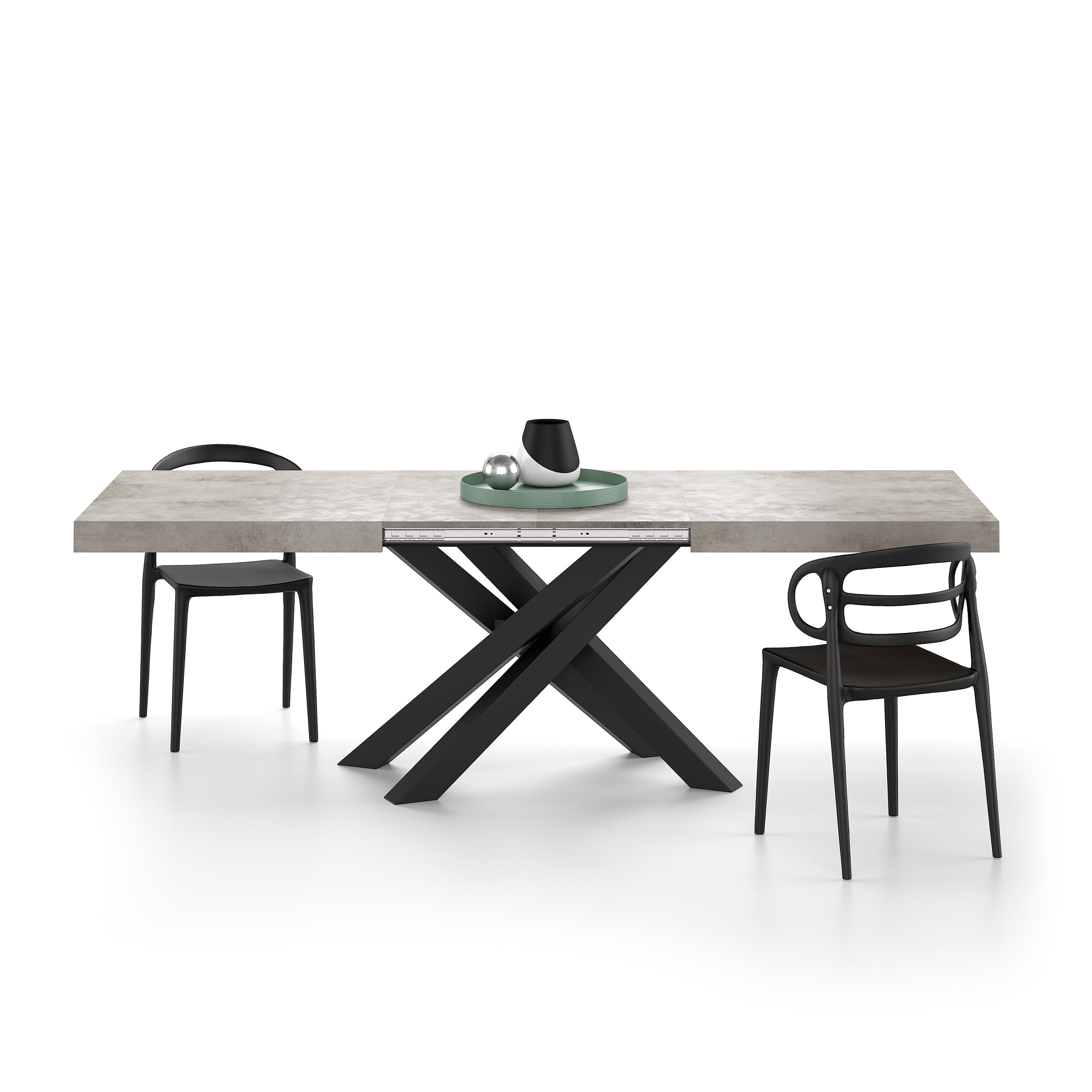 Emma 63(94.5)x35.4 in Extendable Table, Concrete Effect, Grey with Black Crossed Legs
