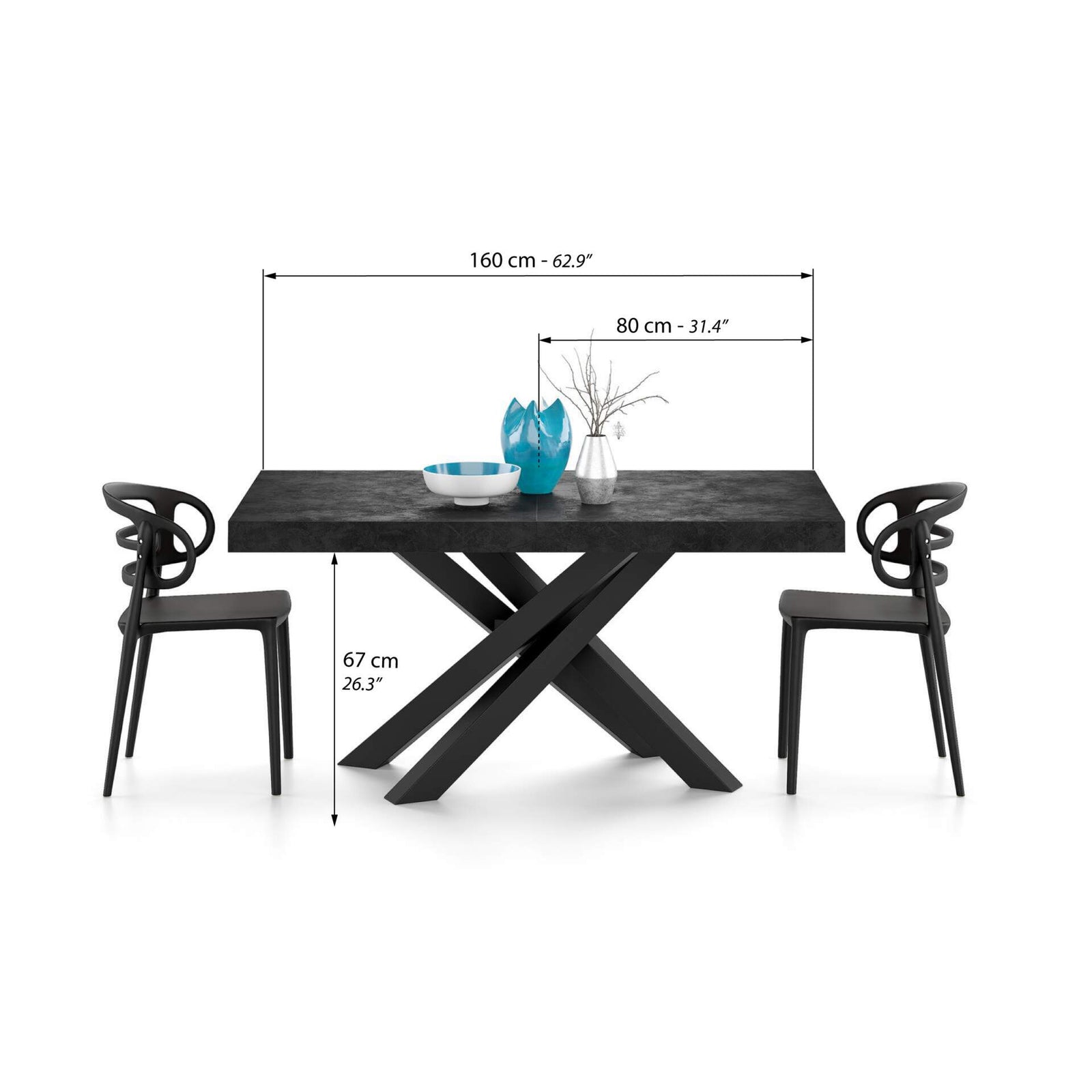 Ausziehbarer Esstisch Emma 160(240)x90 cm, Schwarzer Beton mit Schwarzen gekreuzten Beinen - Immagine tecnica 1