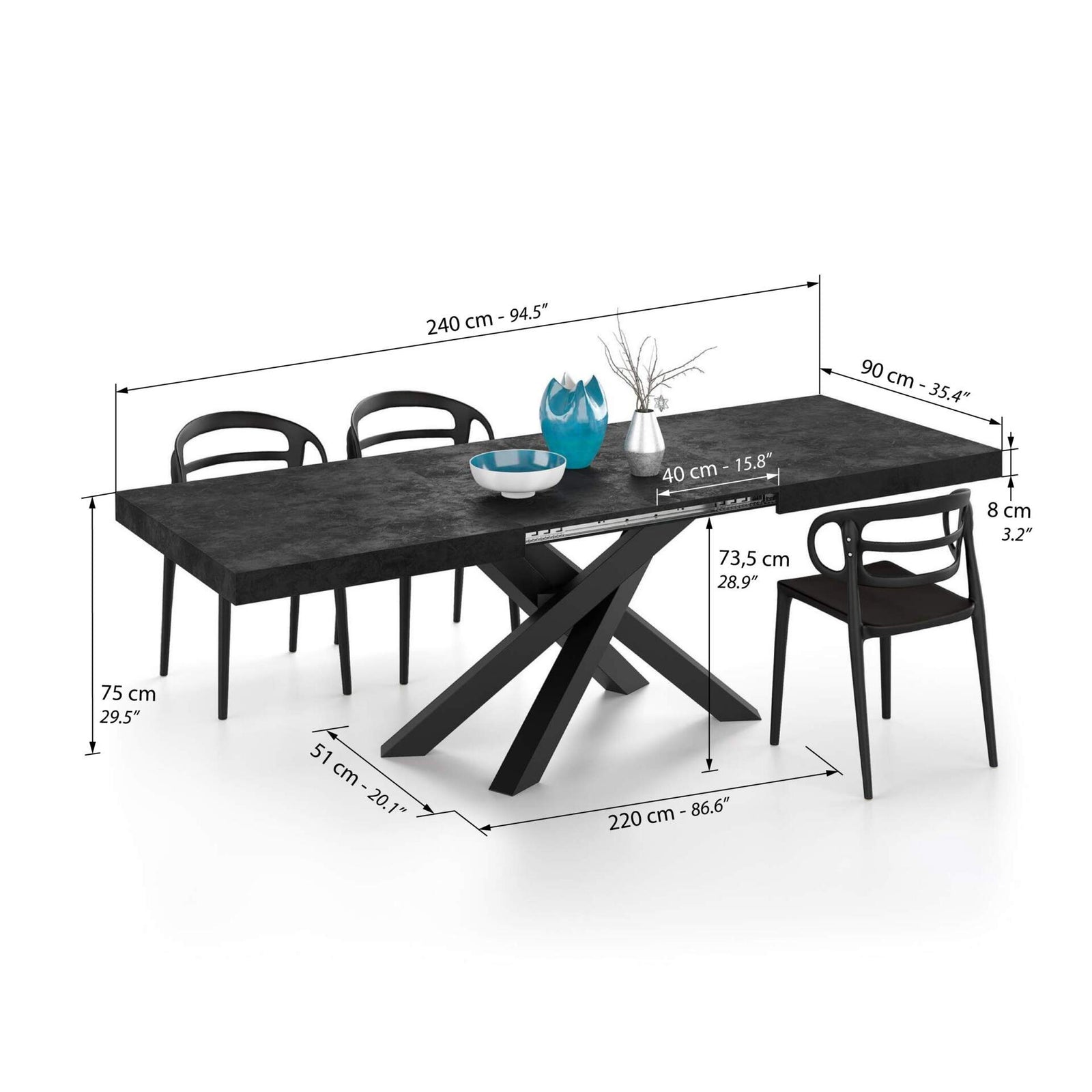 Ausziehbarer Esstisch Emma 160(240)x90 cm, Schwarzer Beton mit Schwarzen gekreuzten Beinen - Immagine tecnica 2