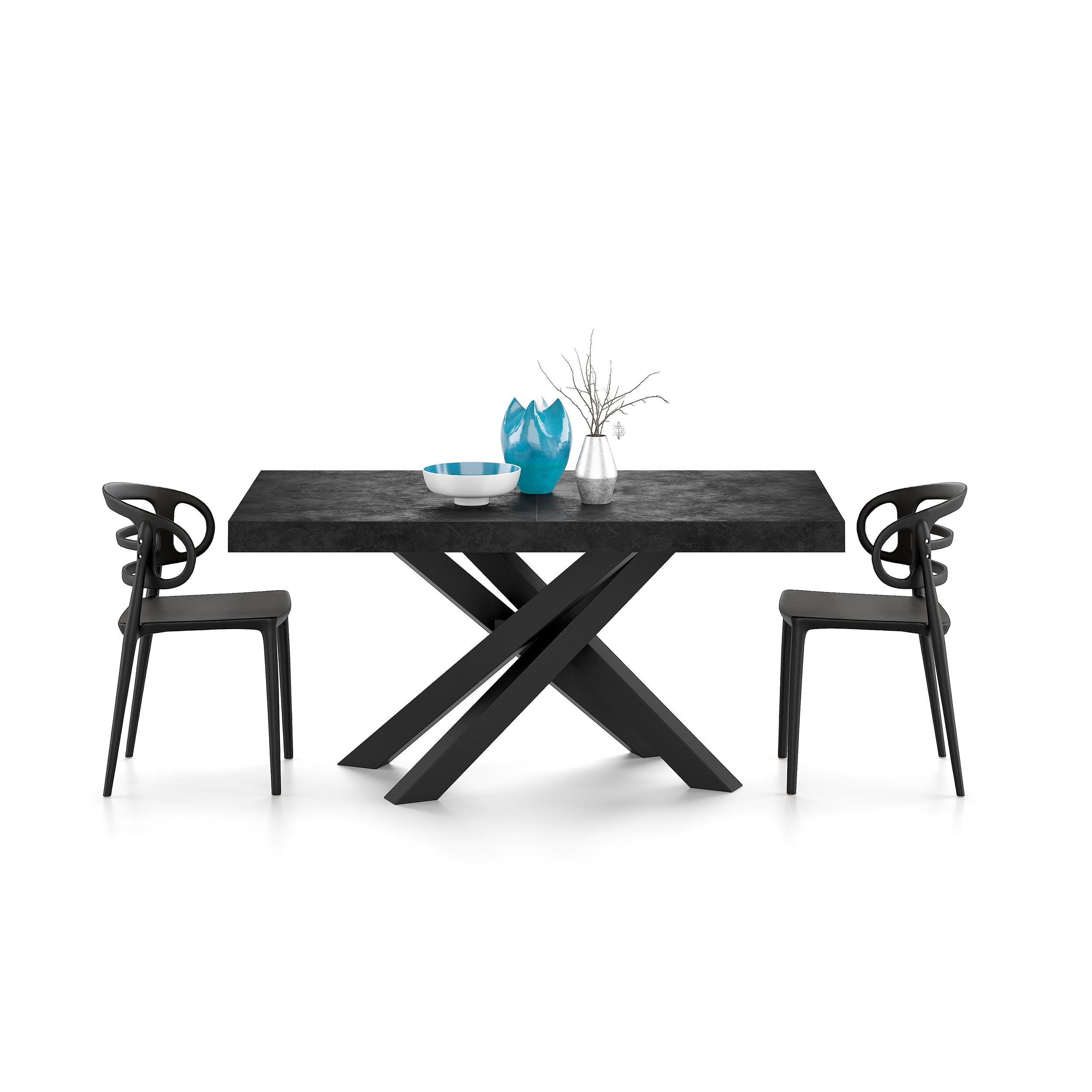 Emma 160(240)x90 cm Extendable Dining Table, Concrete Effect, Black with Black Crossed Legs - Detail image 3
