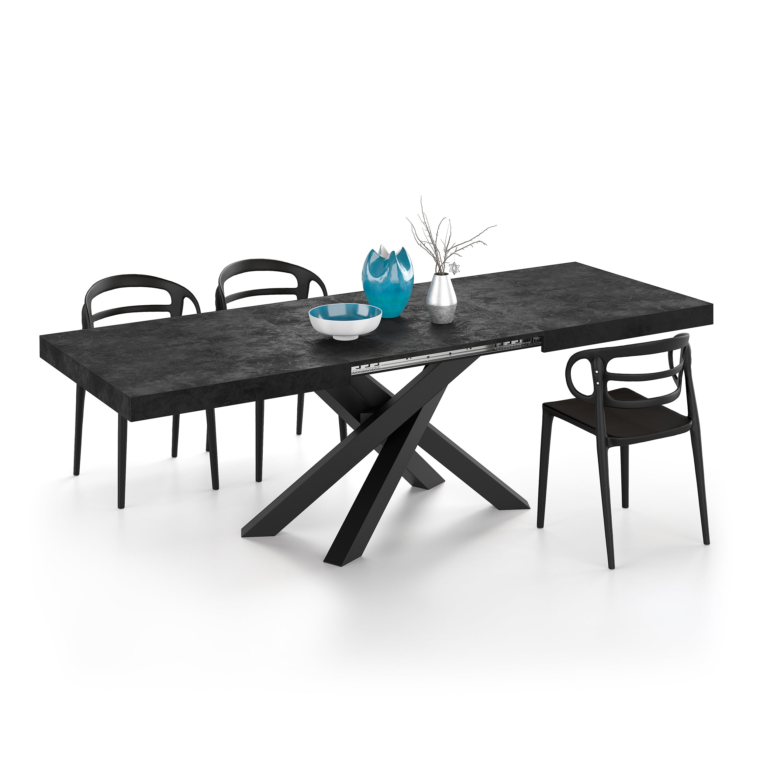Tavolo Allungabile Emma 160(240)x90 cm, Nero Cemento con Gambe Incrociate Nere