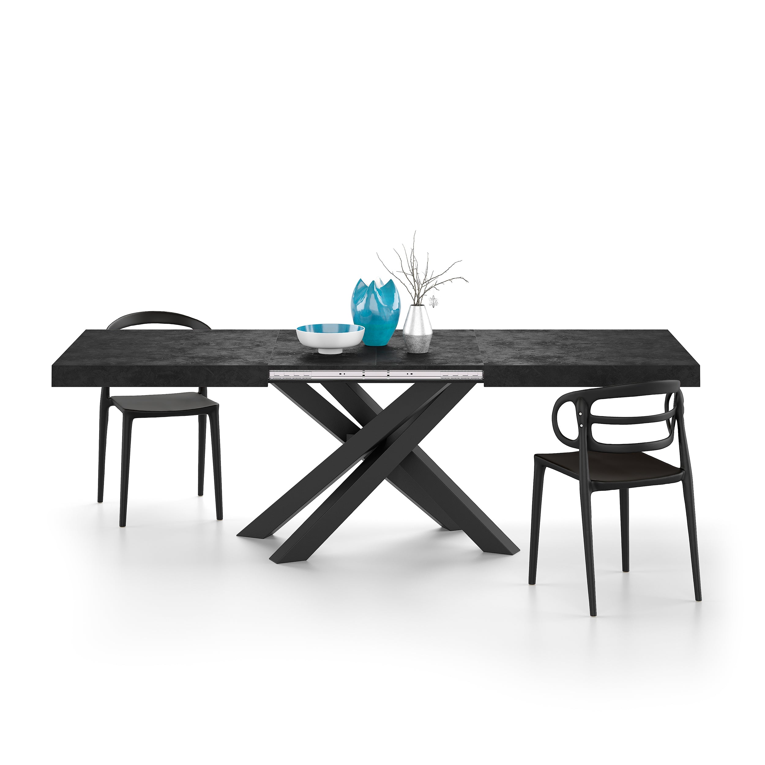 Emma 160(240)x90 cm Extendable Dining Table, Concrete Effect, Black with Black Crossed Legs